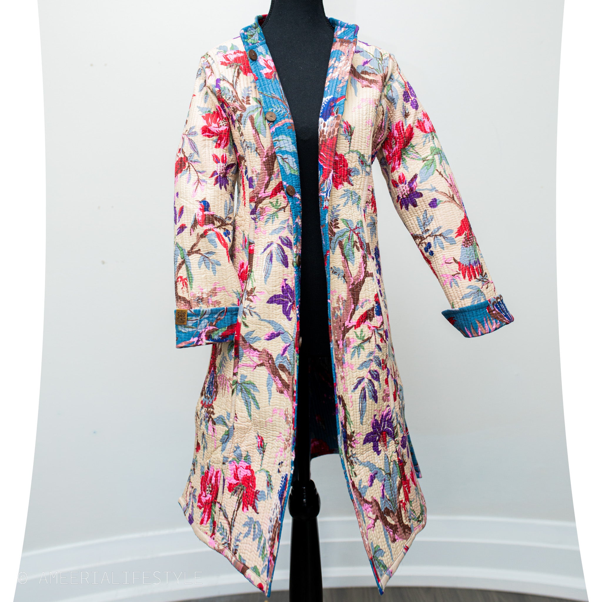 Cotton Quilted Reversible Spring/Fall Jacket - Long - Turquoise Floral & Cream Birds