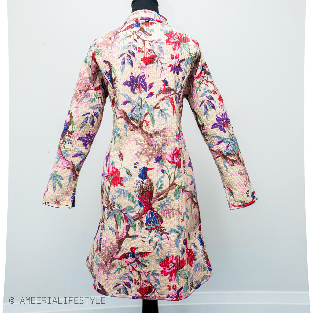 Cotton Quilted Reversible Spring/Fall Jacket - Long - Turquoise Floral & Cream Birds