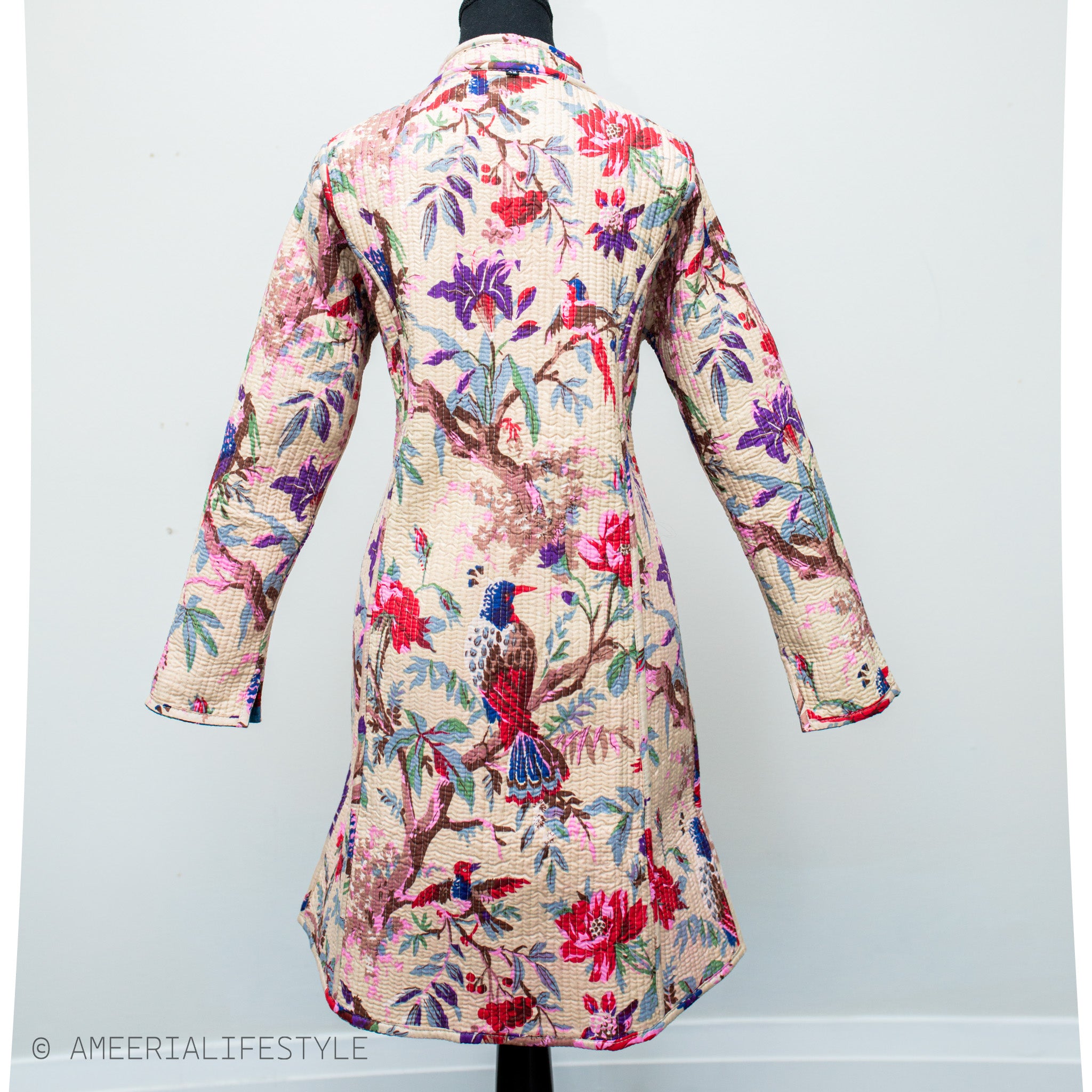Cotton Quilted Reversible Spring/Fall Jacket - Long - Turquoise Floral & Cream Birds