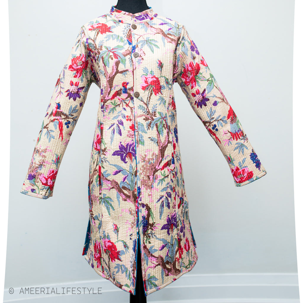 Cotton Quilted Reversible Spring/Fall Jacket - Long - Turquoise Floral & Cream Birds
