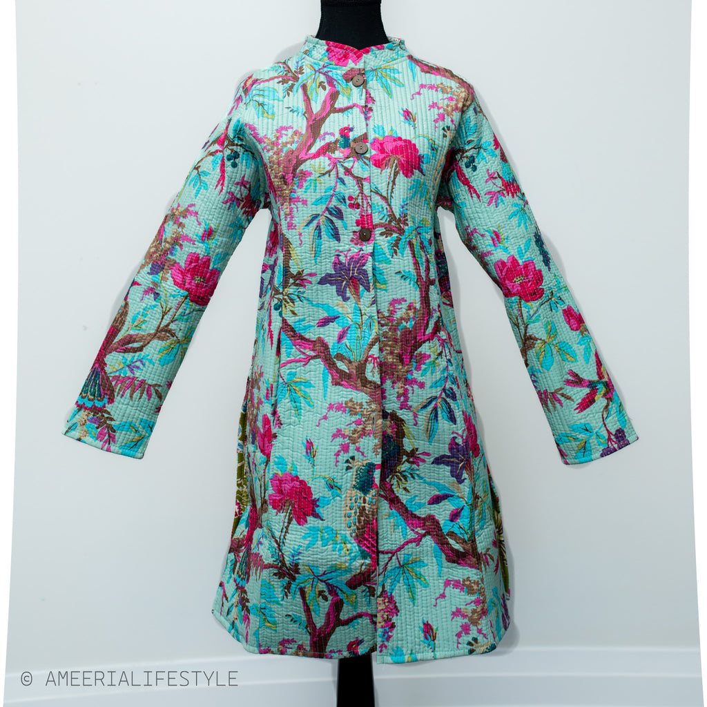 Cotton Quilted Reversible Spring/Fall Jacket - Long - Turquoise & Olive Green Floral