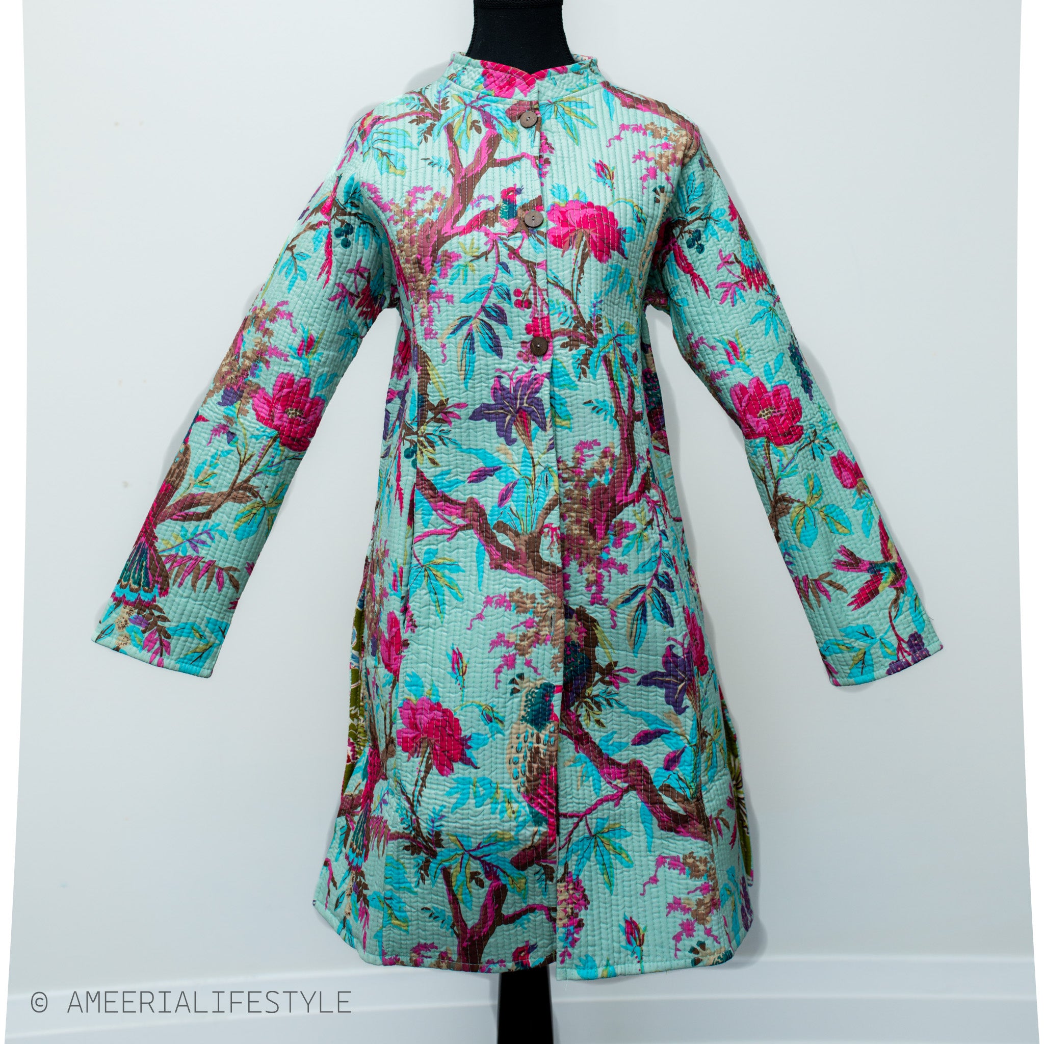 Cotton Quilted Reversible Spring/Fall Jacket - Long - Turquoise & Olive Green Floral