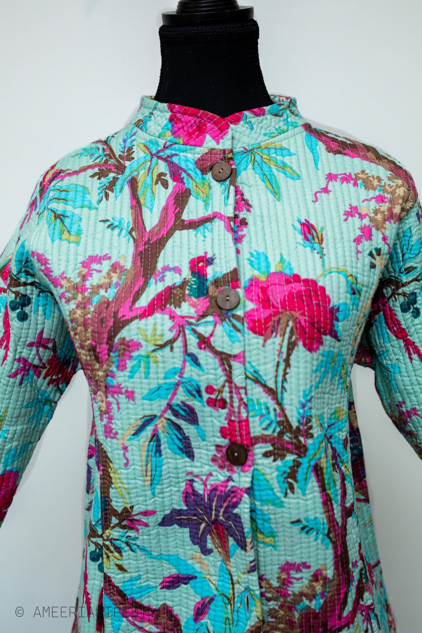 Cotton Quilted Reversible Spring/Fall Jacket - Long - Turquoise & Olive Green Floral