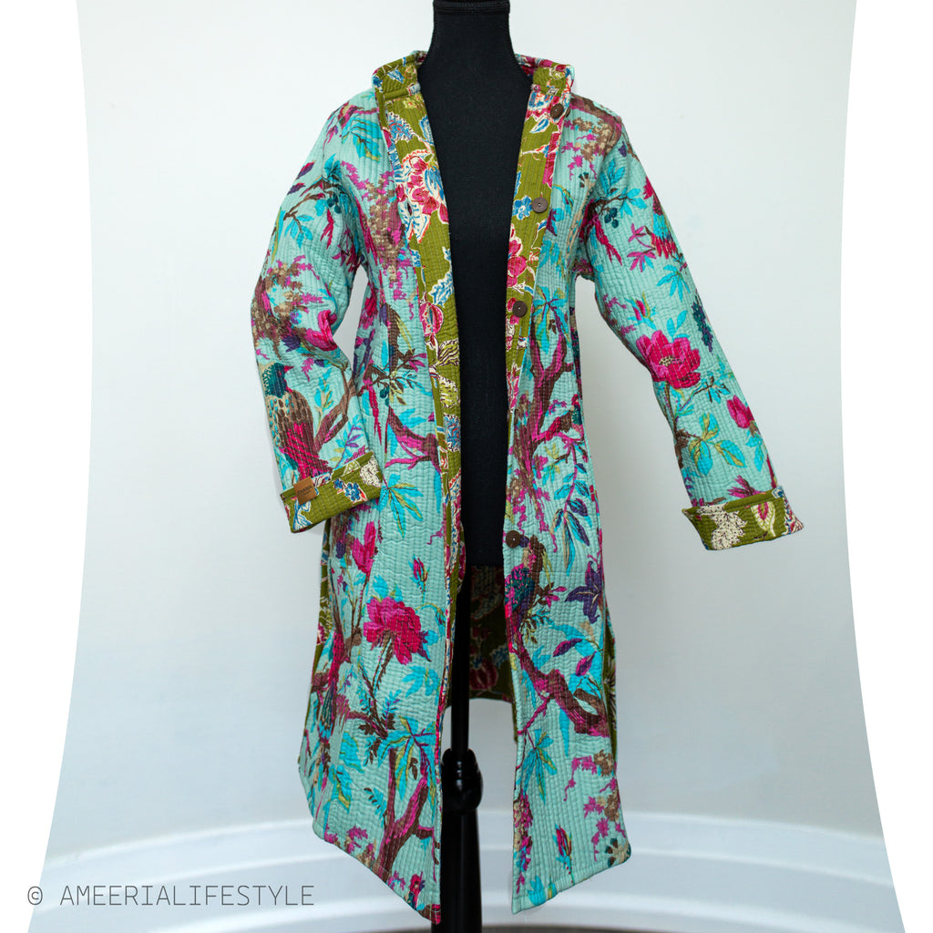 Cotton Quilted Reversible Spring/Fall Jacket - Long - Turquoise & Olive Green Floral