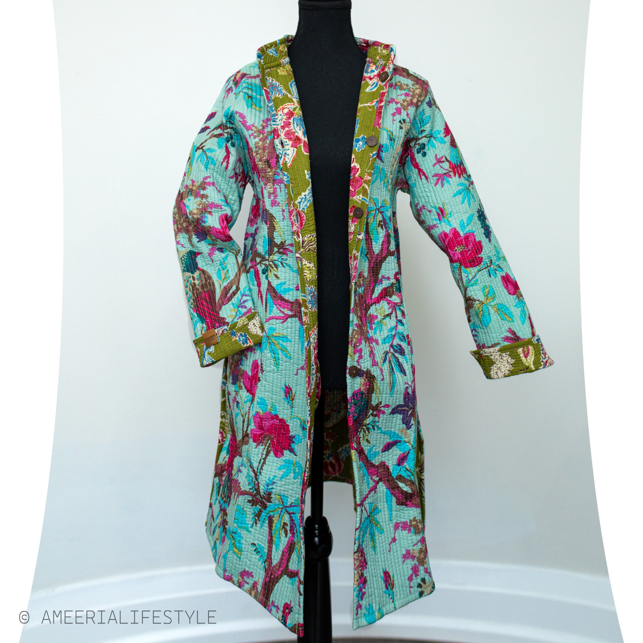 Cotton Quilted Reversible Spring/Fall Jacket - Long - Turquoise & Olive Green Floral