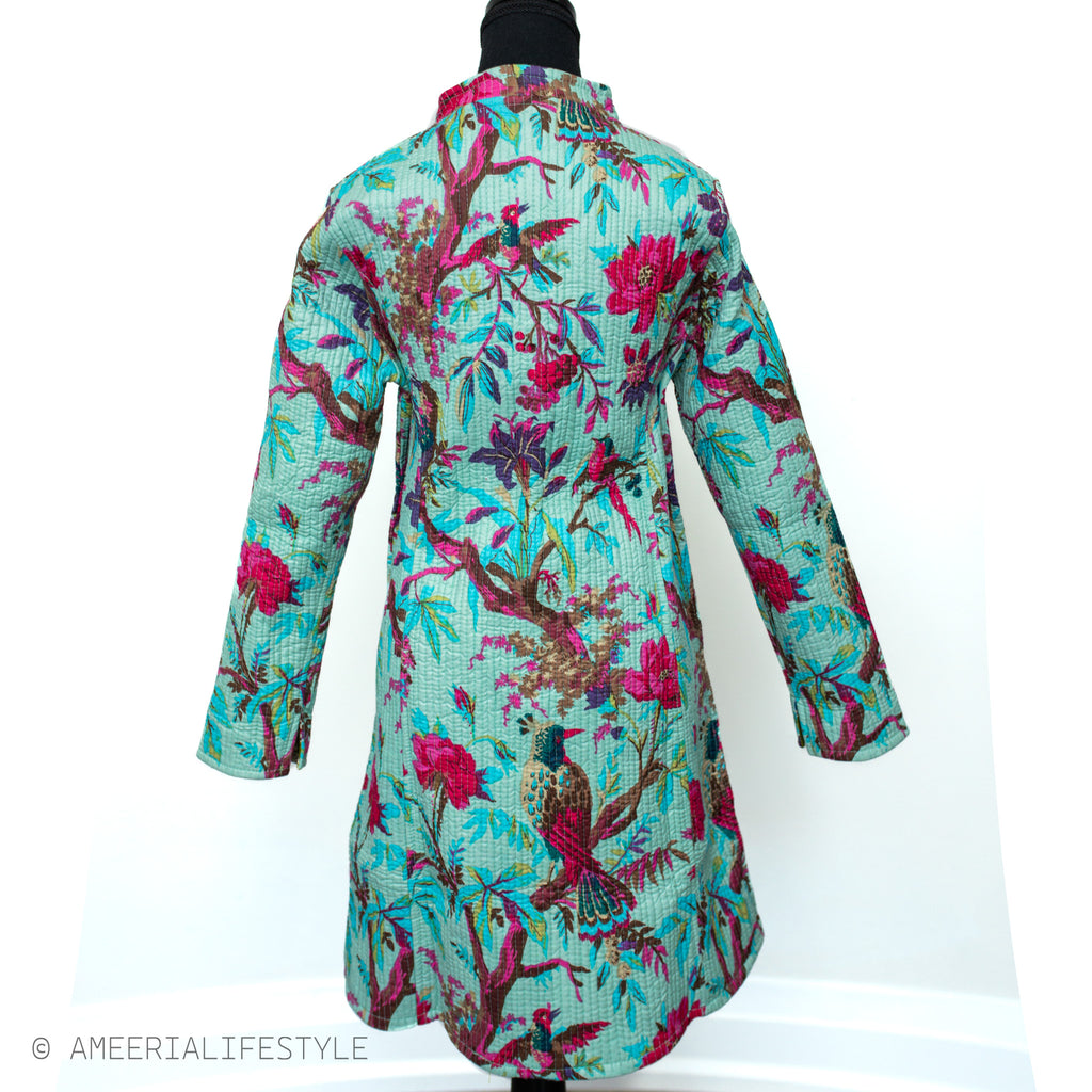 Cotton Quilted Reversible Spring/Fall Jacket - Long - Turquoise & Olive Green Floral