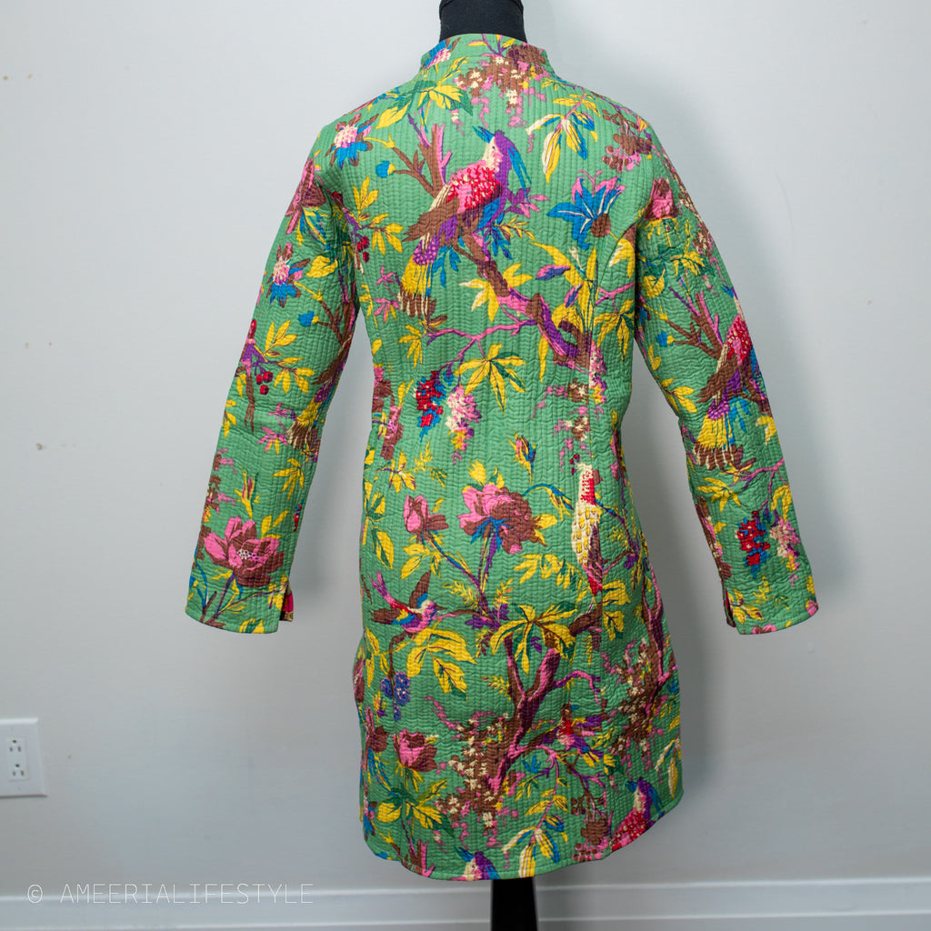 Cotton Quilted Reversible Spring/Fall Jacket - Long - Sage Green & Hot Pink Floral