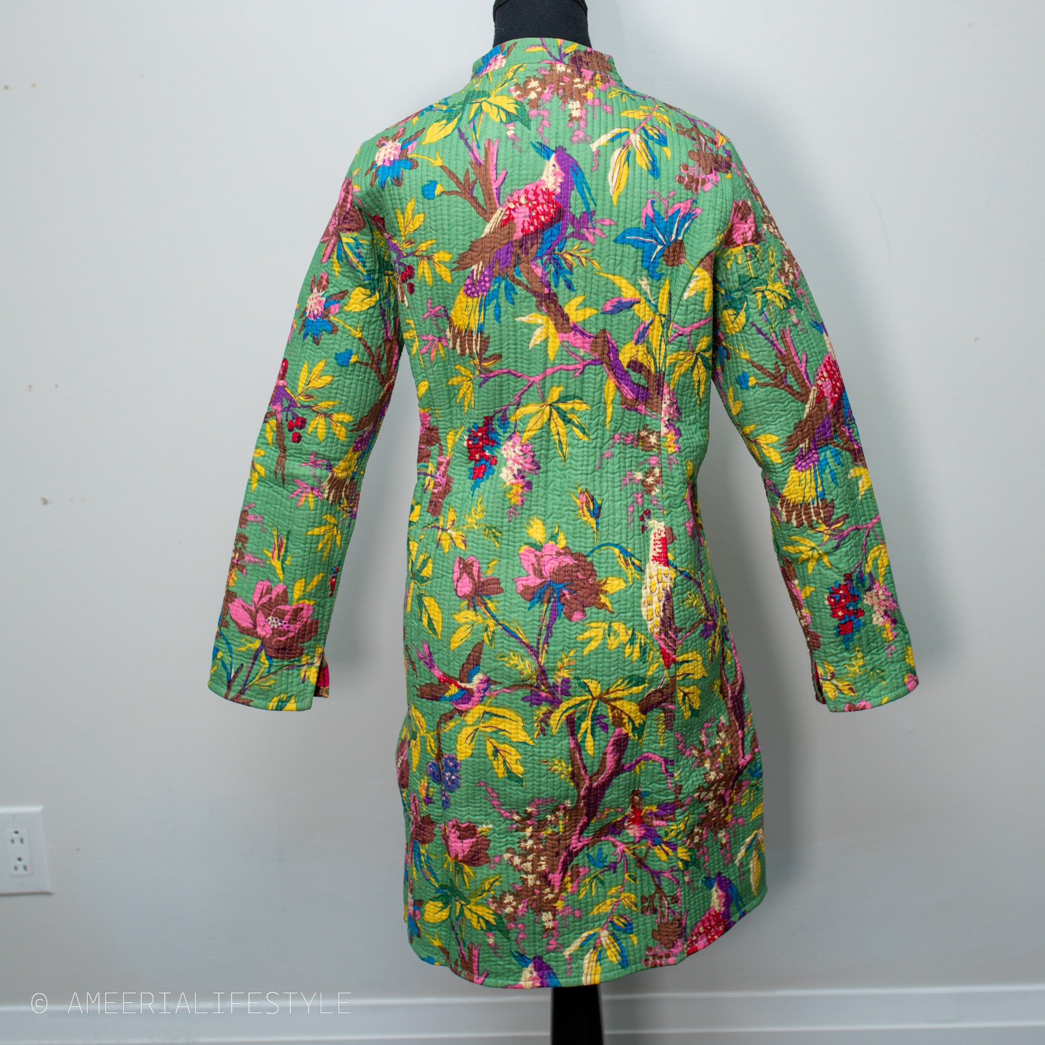 Cotton Quilted Reversible Spring/Fall Jacket - Long - Sage Green & Hot Pink Floral