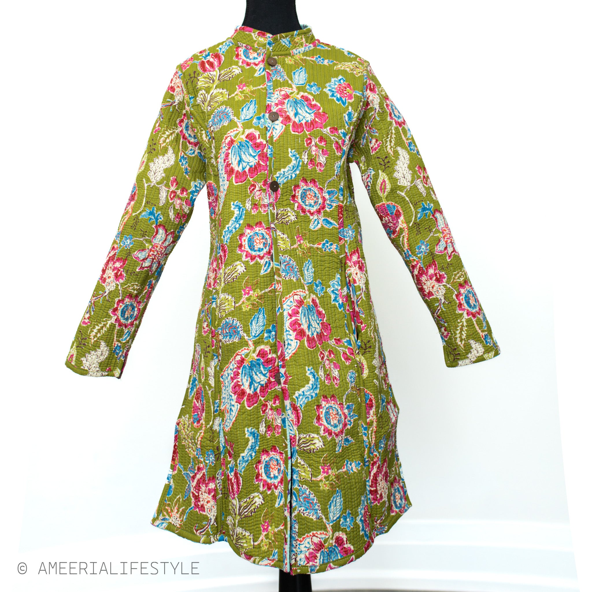 Cotton Quilted Reversible Spring/Fall Jacket - Long - Turquoise & Olive Green Floral