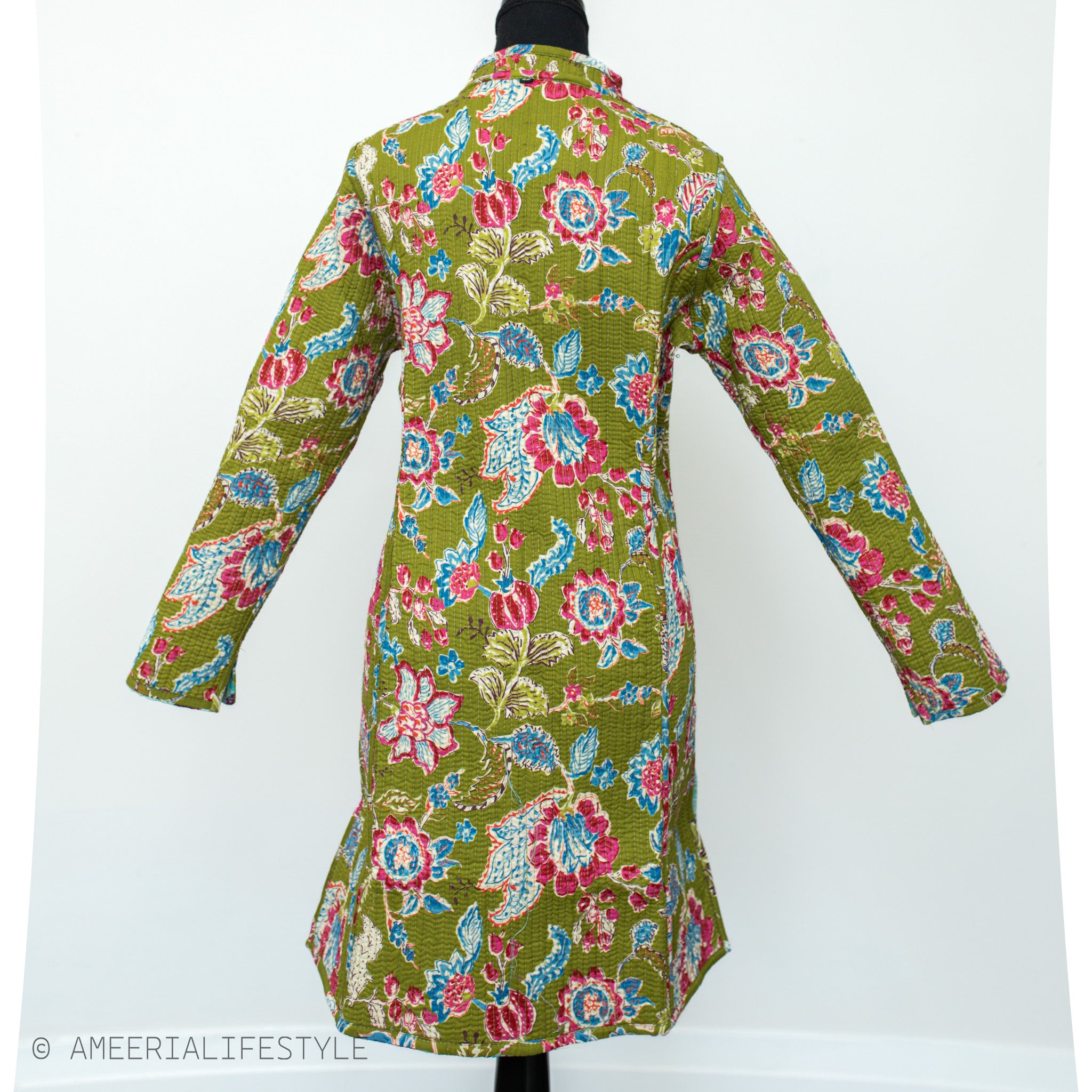 Cotton Quilted Reversible Spring/Fall Jacket - Long - Turquoise & Olive Green Floral