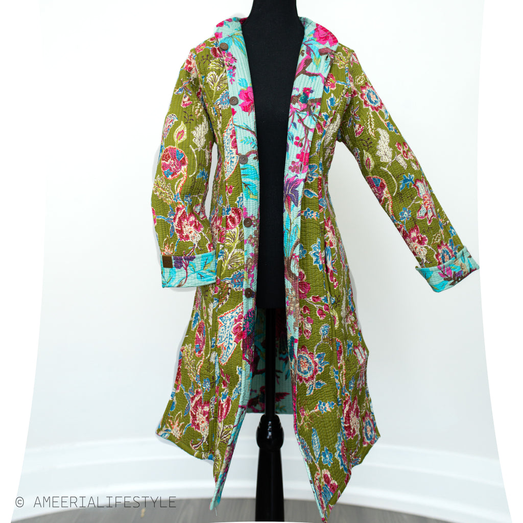Cotton Quilted Reversible Spring/Fall Jacket - Long - Turquoise & Olive Green Floral