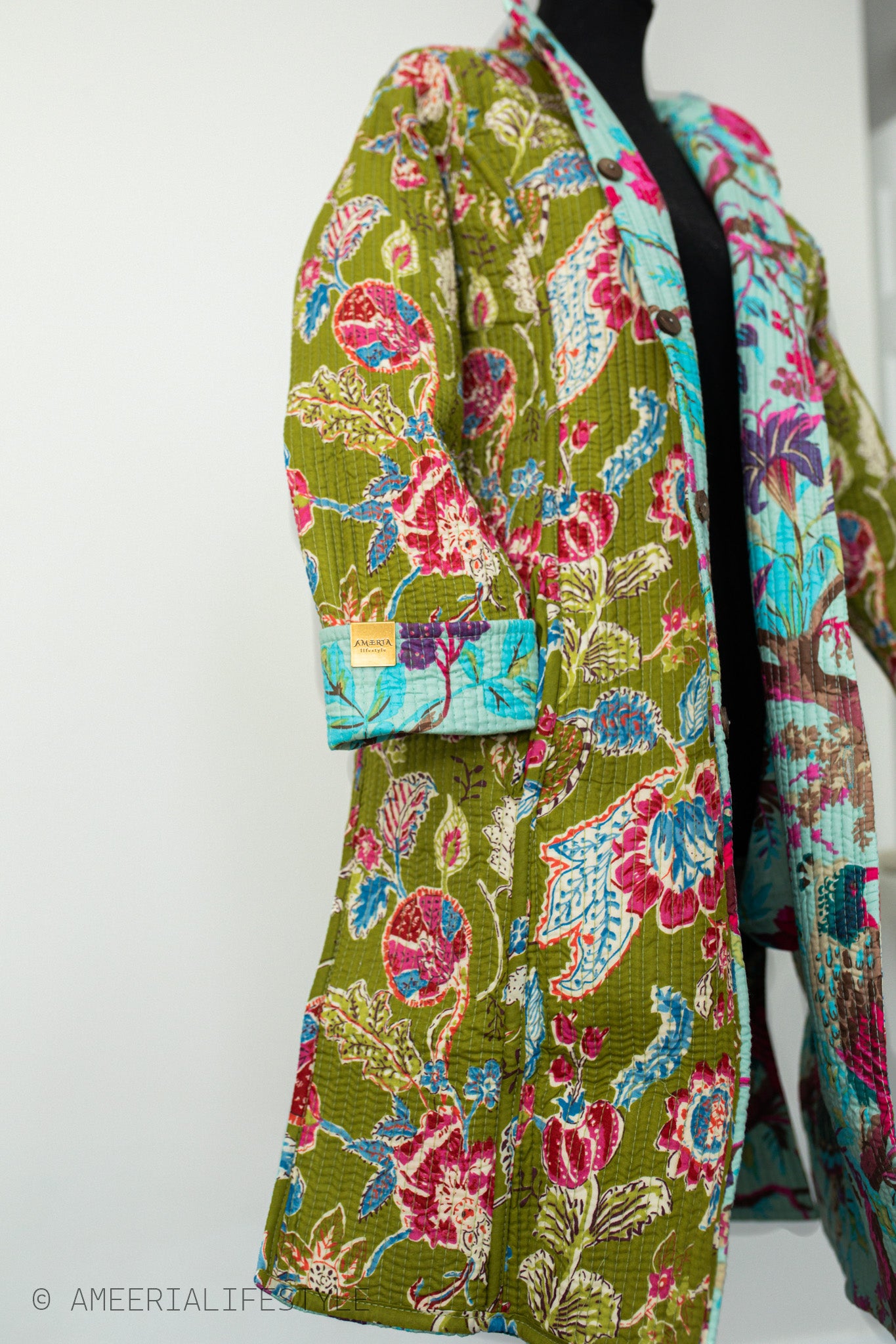 Cotton Quilted Reversible Spring/Fall Jacket - Long - Turquoise & Olive Green Floral