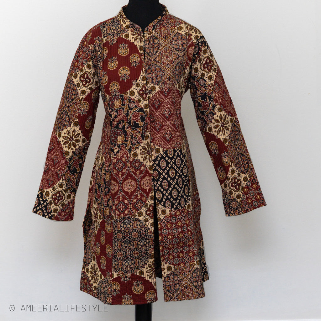 Cotton Quilted Reversible Spring/Fall Jacket - Long - Burgundy Batik Patchwork