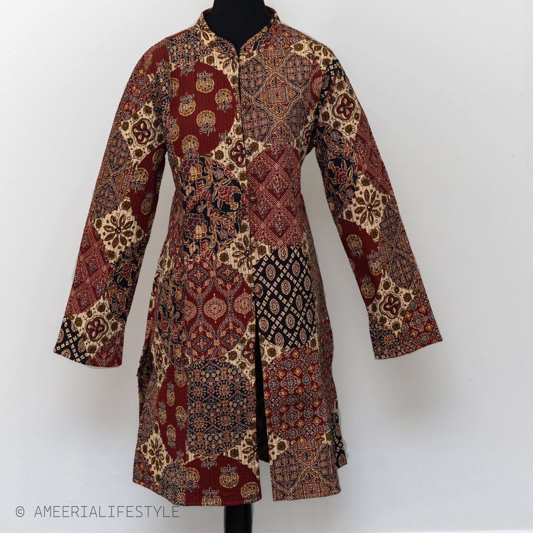 Cotton Quilted Reversible Spring/Fall Jacket - Long - Burgundy Batik Patchwork
