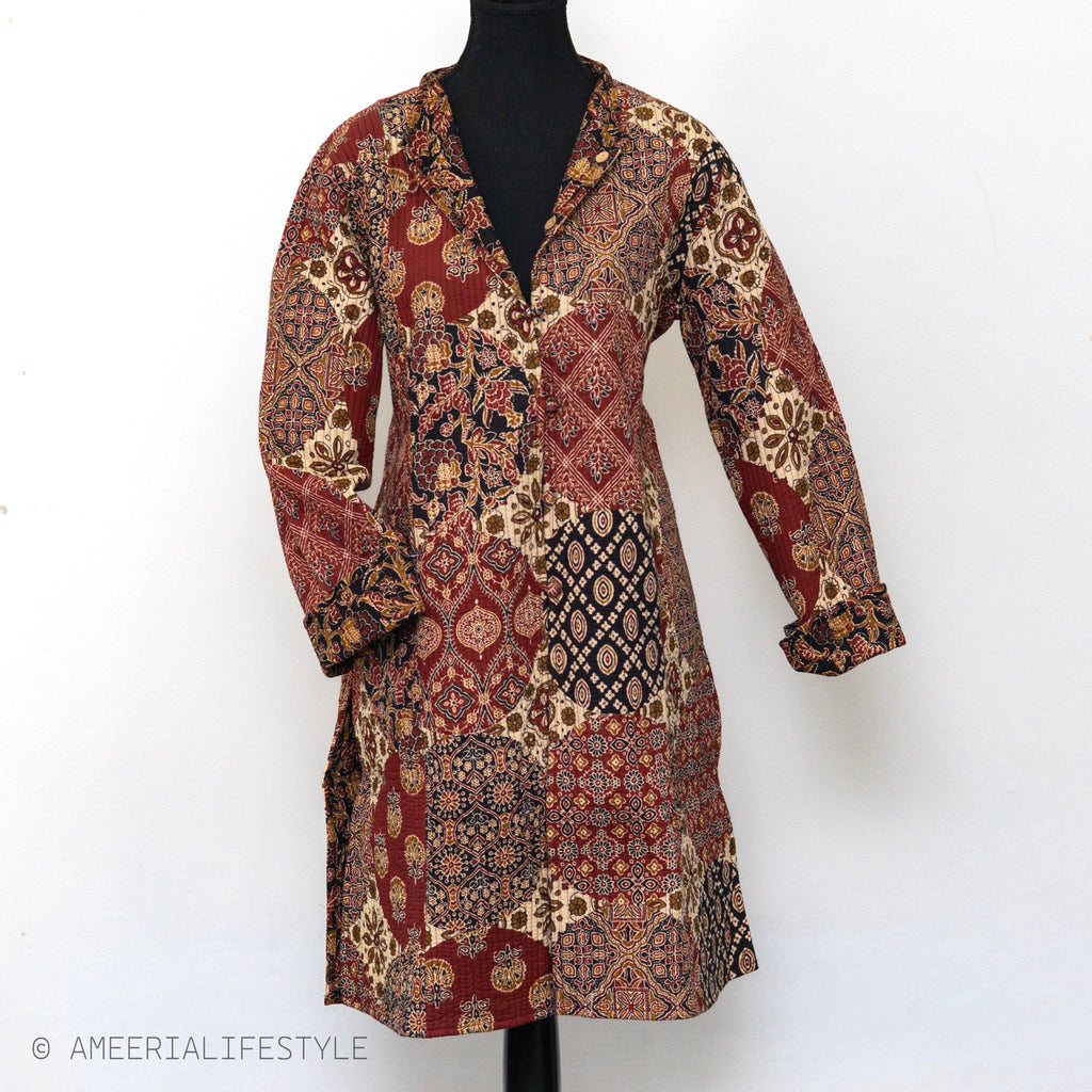 Cotton Quilted Reversible Spring/Fall Jacket - Long - Burgundy Batik Patchwork