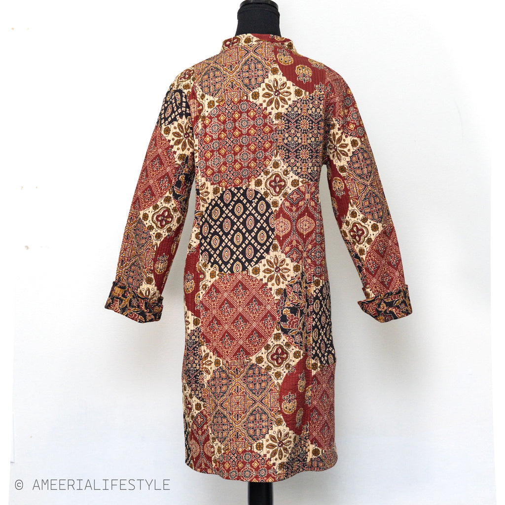 Cotton Quilted Reversible Spring/Fall Jacket - Long - Burgundy Batik Patchwork