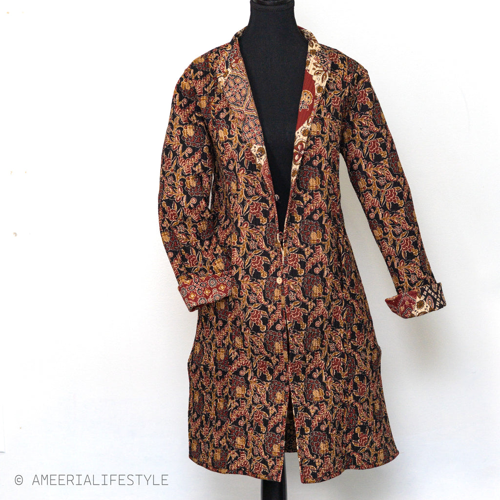 Cotton Quilted Reversible Spring/Fall Jacket - Long - Burgundy Batik Patchwork