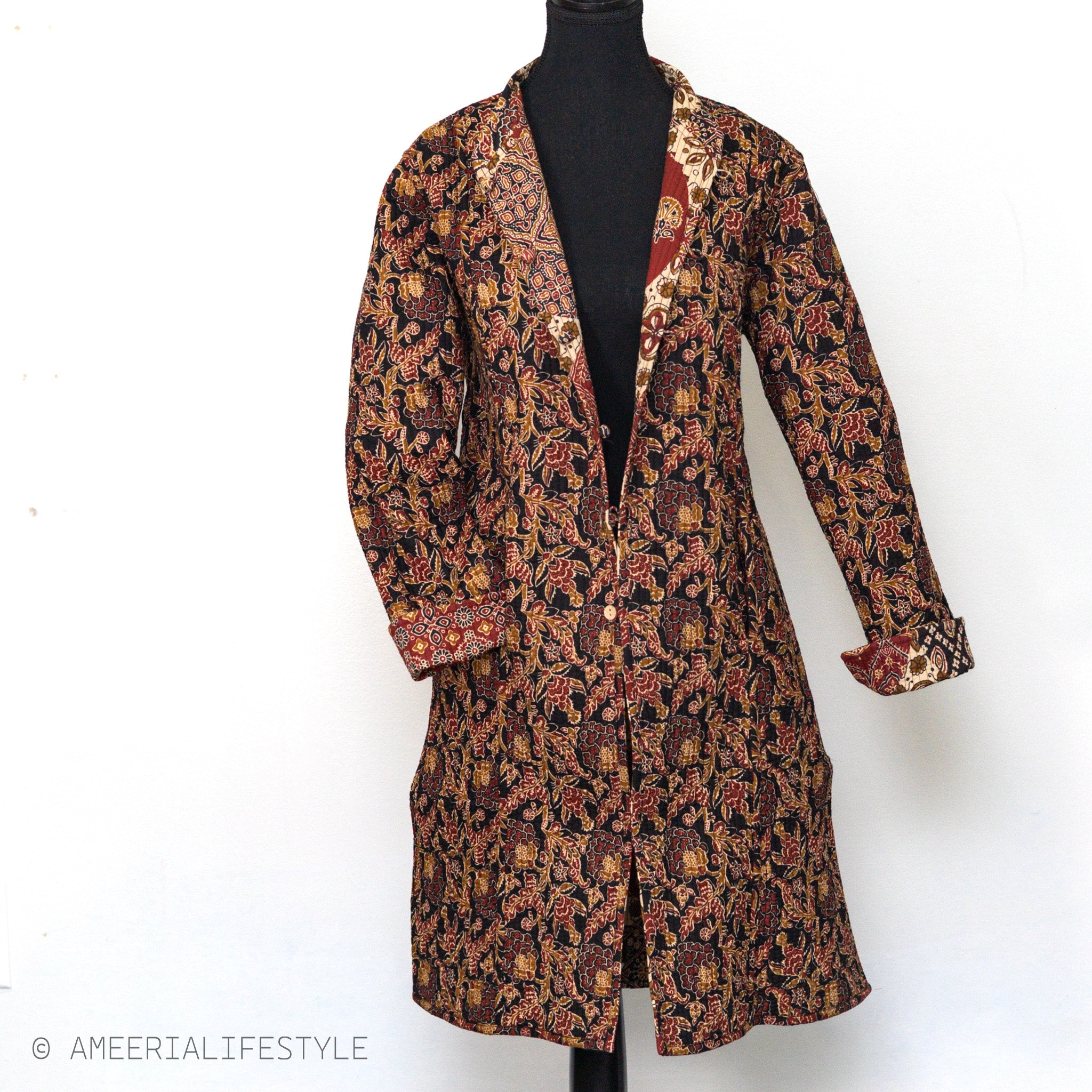 Cotton Quilted Reversible Spring/Fall Jacket - Long - Burgundy Batik Patchwork