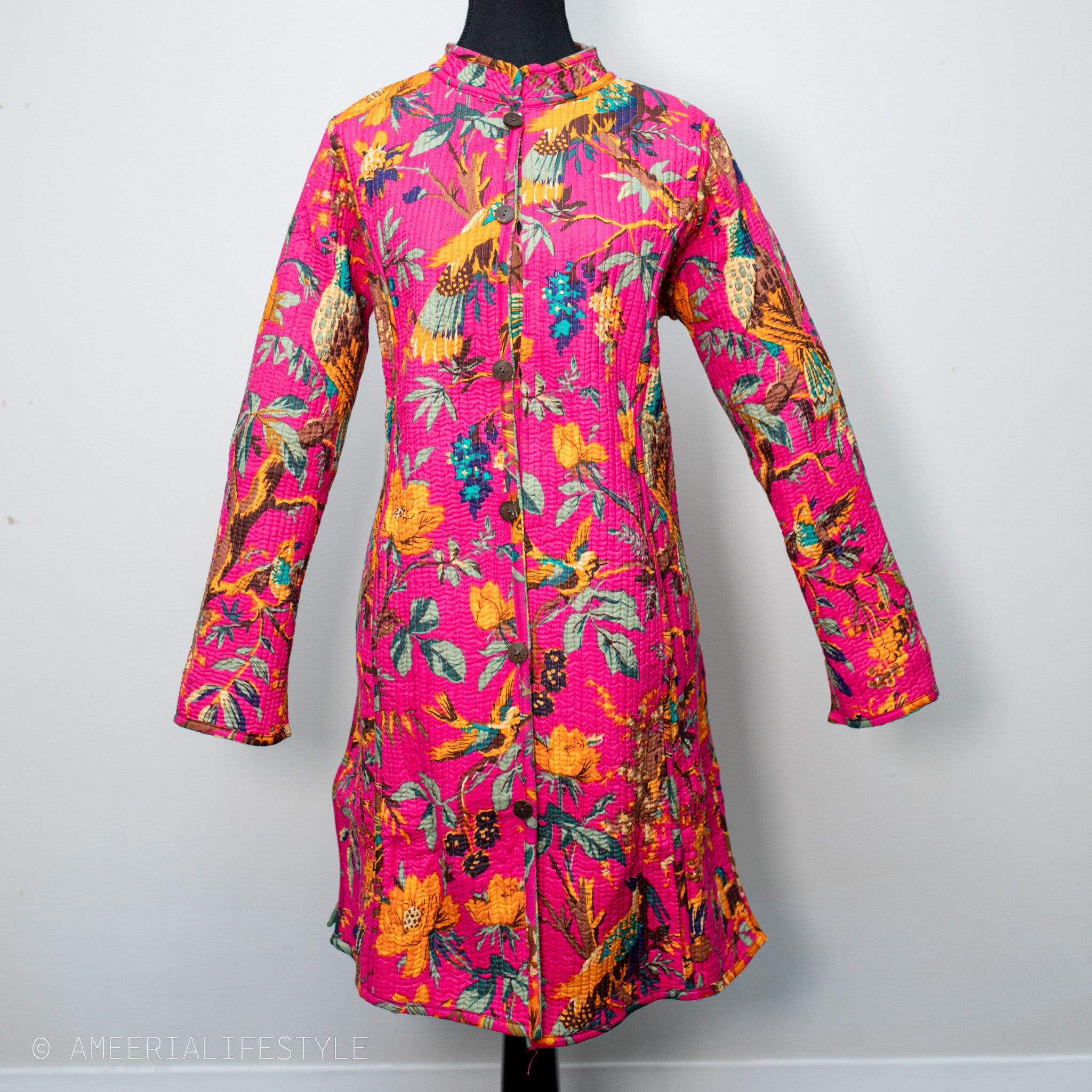 Cotton Quilted Reversible Spring/Fall Jacket - Long - Sage Green & Hot Pink Floral