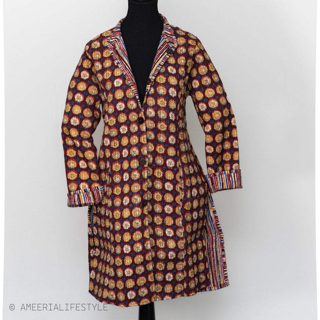 Cotton Quilted Reversible Spring/Fall Jacket - Long - Burgundy Medallion & Multicolor Stripes