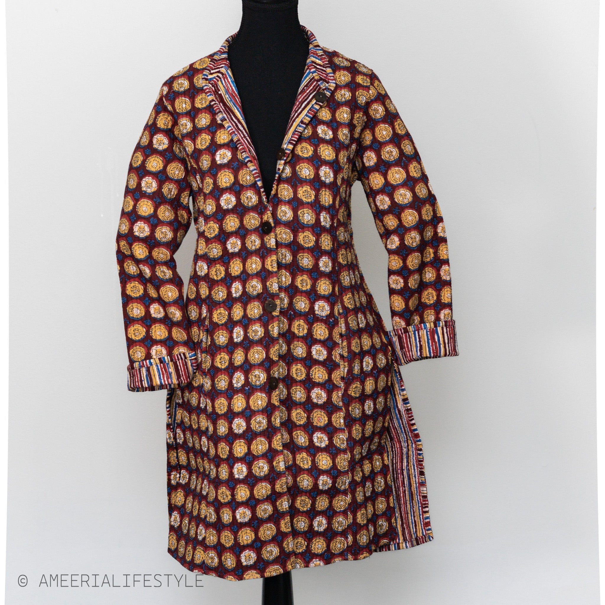 Cotton Quilted Reversible Spring/Fall Jacket - Long - Burgundy Medallion & Multicolor Stripes