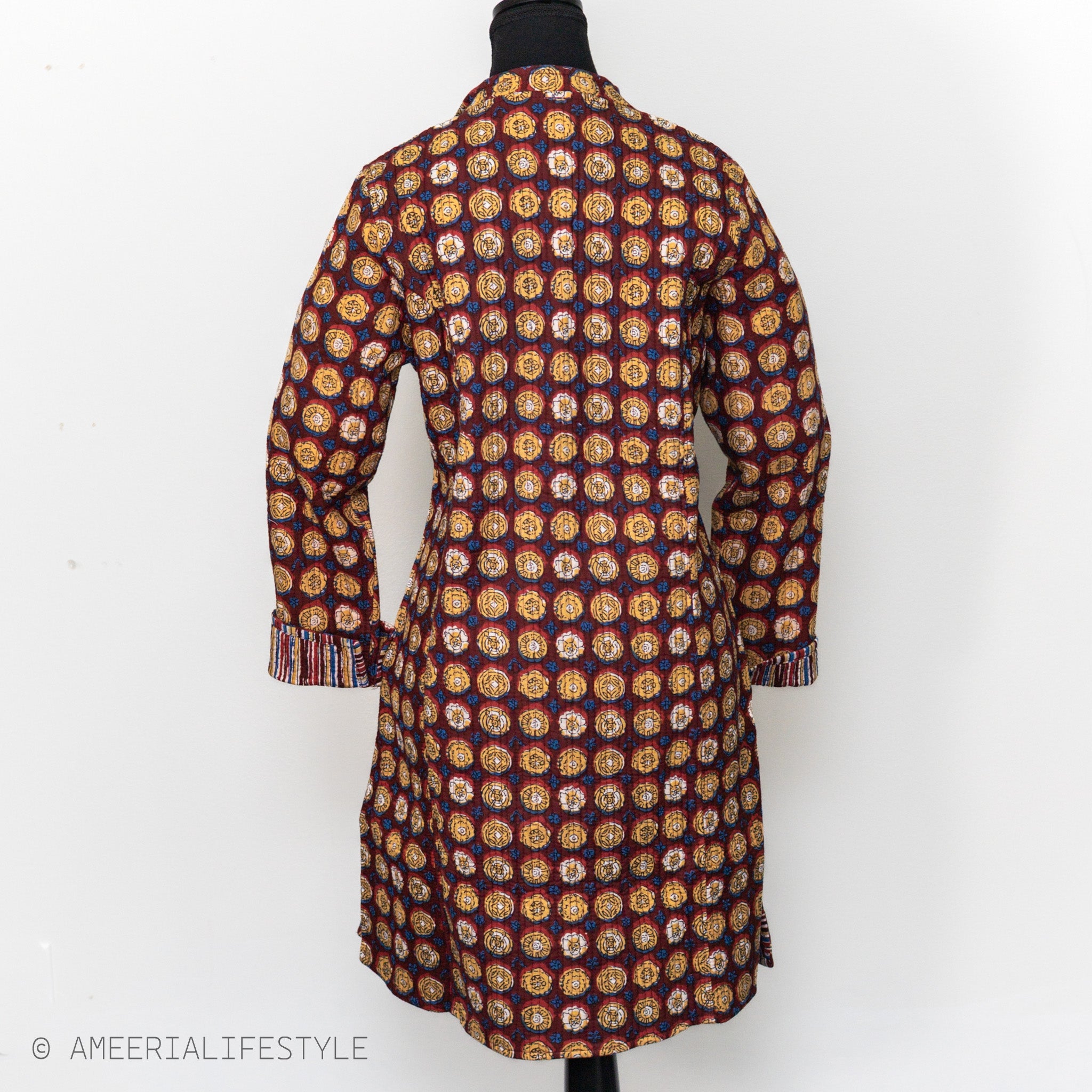 Cotton Quilted Reversible Spring/Fall Jacket - Long - Burgundy Medallion & Multicolor Stripes