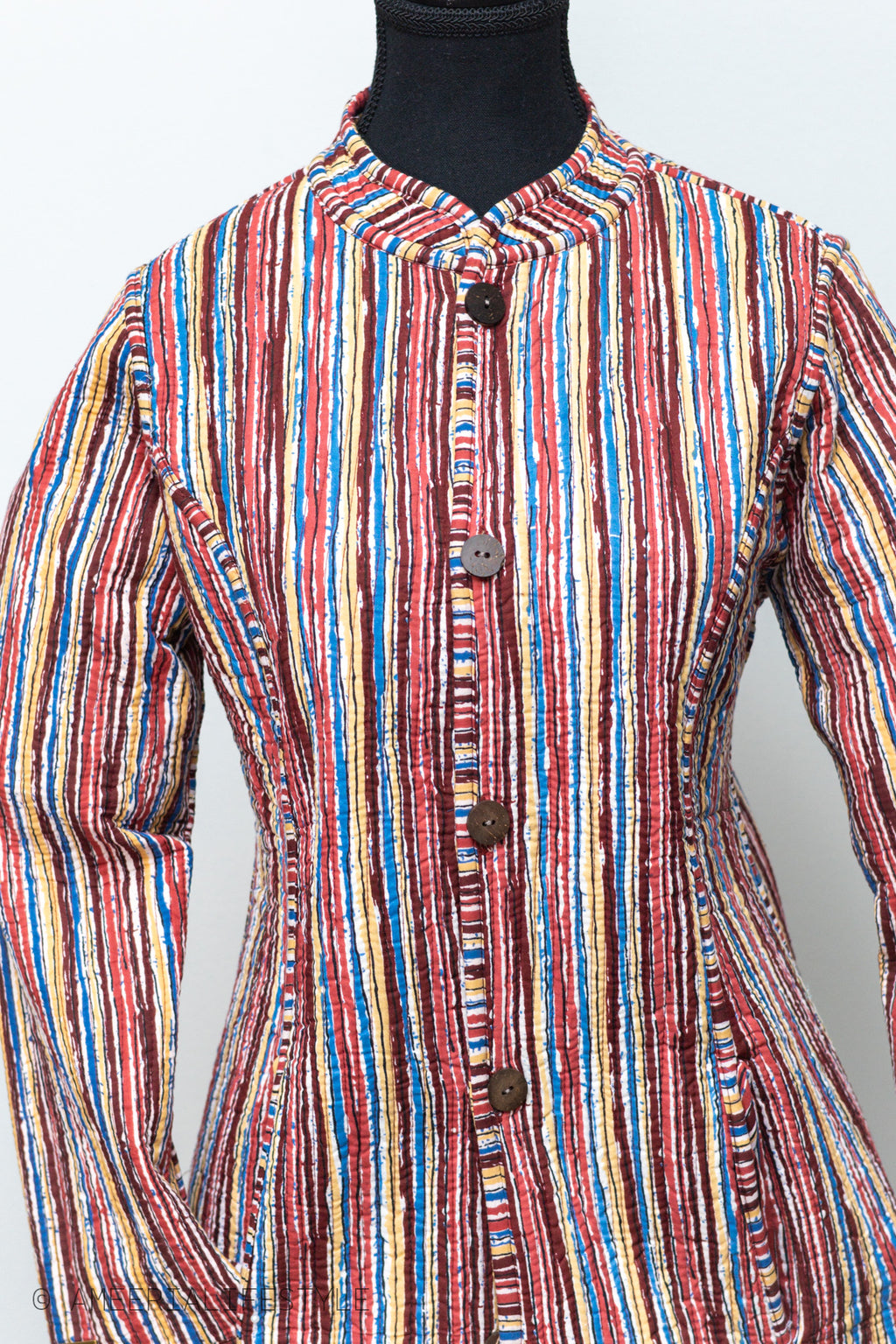 Cotton Quilted Reversible Spring/Fall Jacket - Long - Burgundy Medallion & Multicolor Stripes