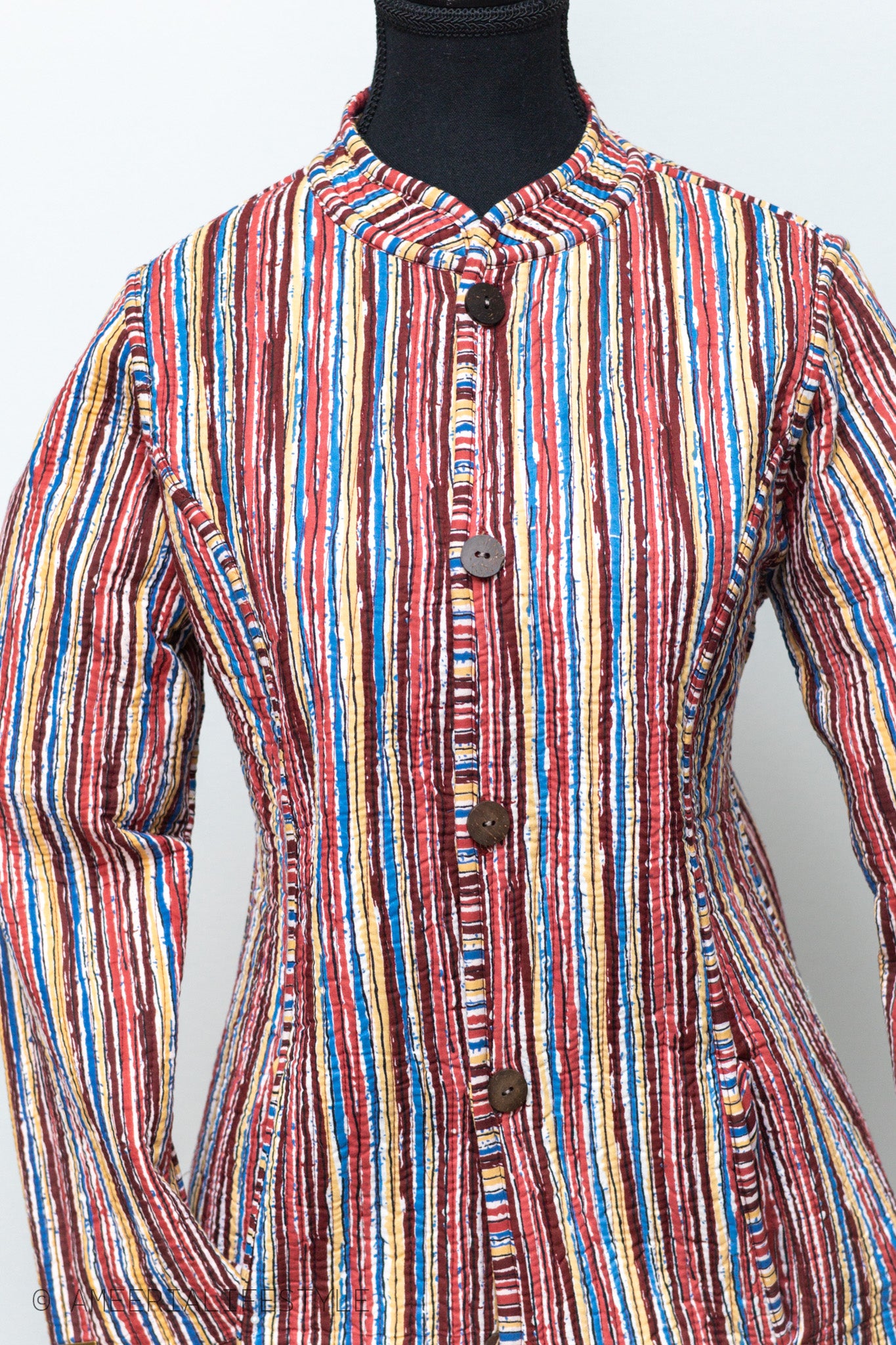 Cotton Quilted Reversible Spring/Fall Jacket - Long - Burgundy Medallion & Multicolor Stripes