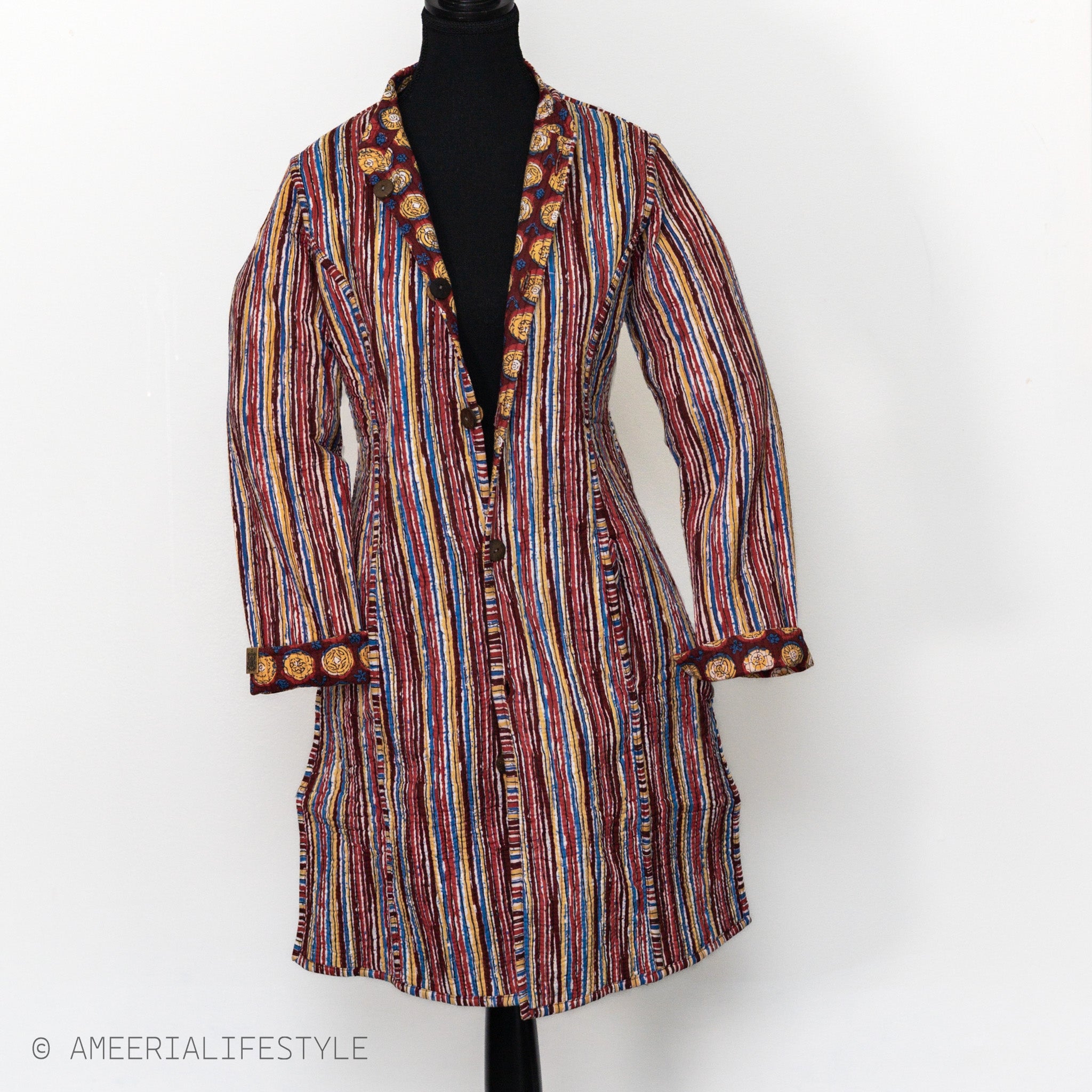 Cotton Quilted Reversible Spring/Fall Jacket - Long - Burgundy Medallion & Multicolor Stripes
