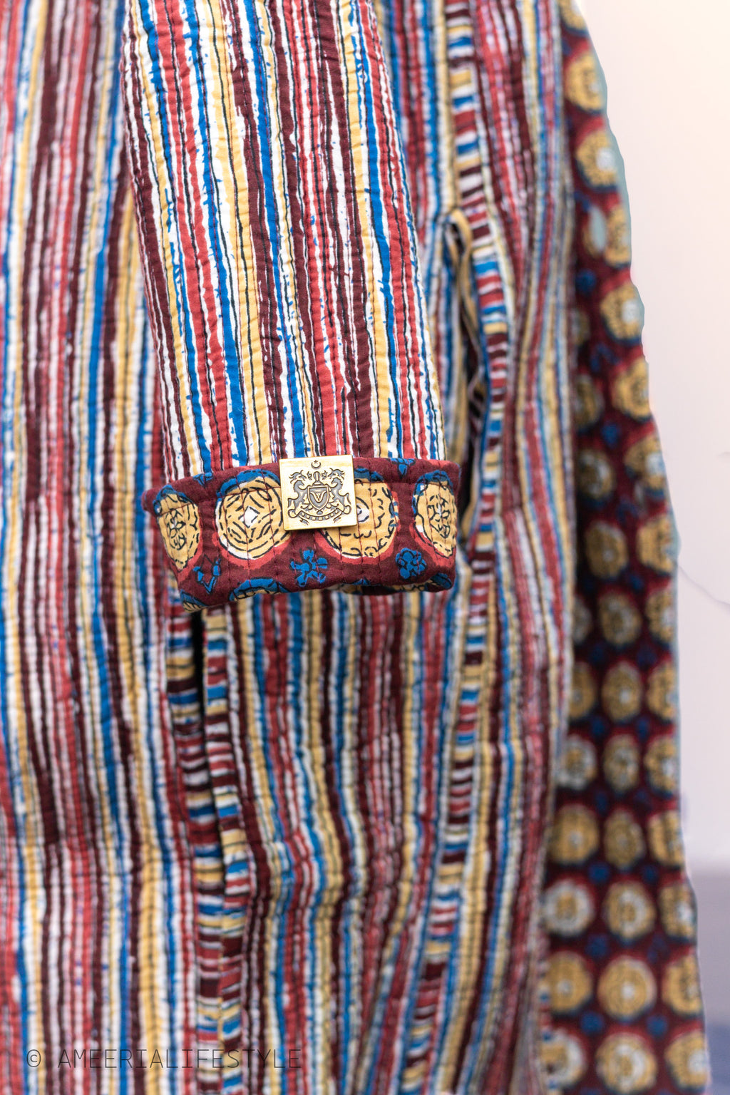 Cotton Quilted Reversible Spring/Fall Jacket - Long - Burgundy Medallion & Multicolor Stripes