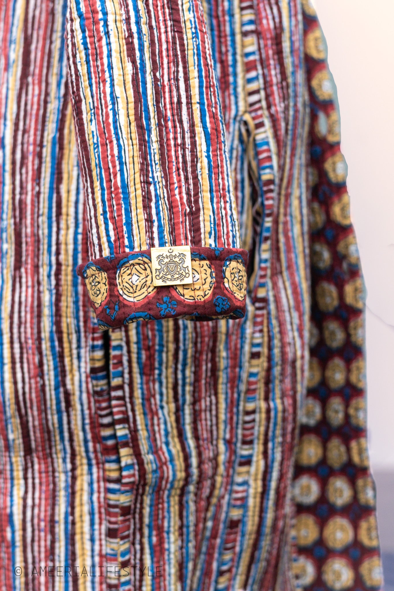 Cotton Quilted Reversible Spring/Fall Jacket - Long - Burgundy Medallion & Multicolor Stripes