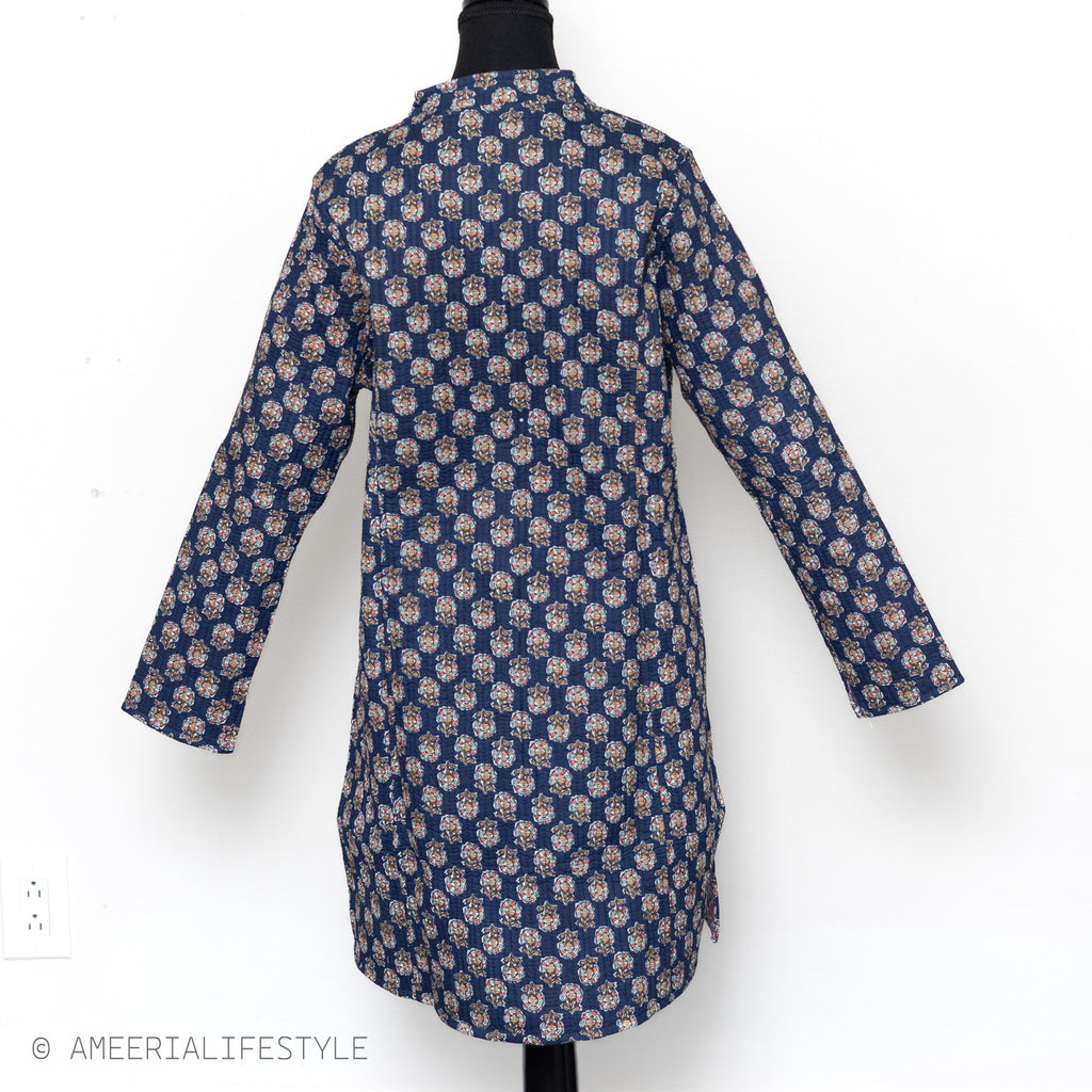 Cotton Quilted Reversible Spring/Fall Jacket - Long - Navy Medallion & Pink Paisley