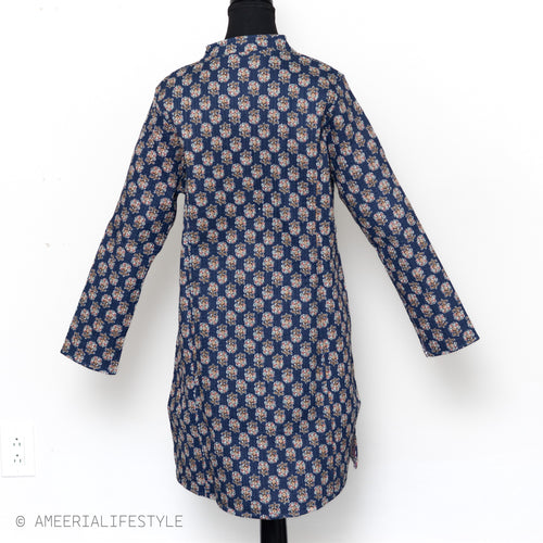 Cotton Quilted Reversible Spring/Fall Jacket - Long - Navy Medallion & Pink Paisley