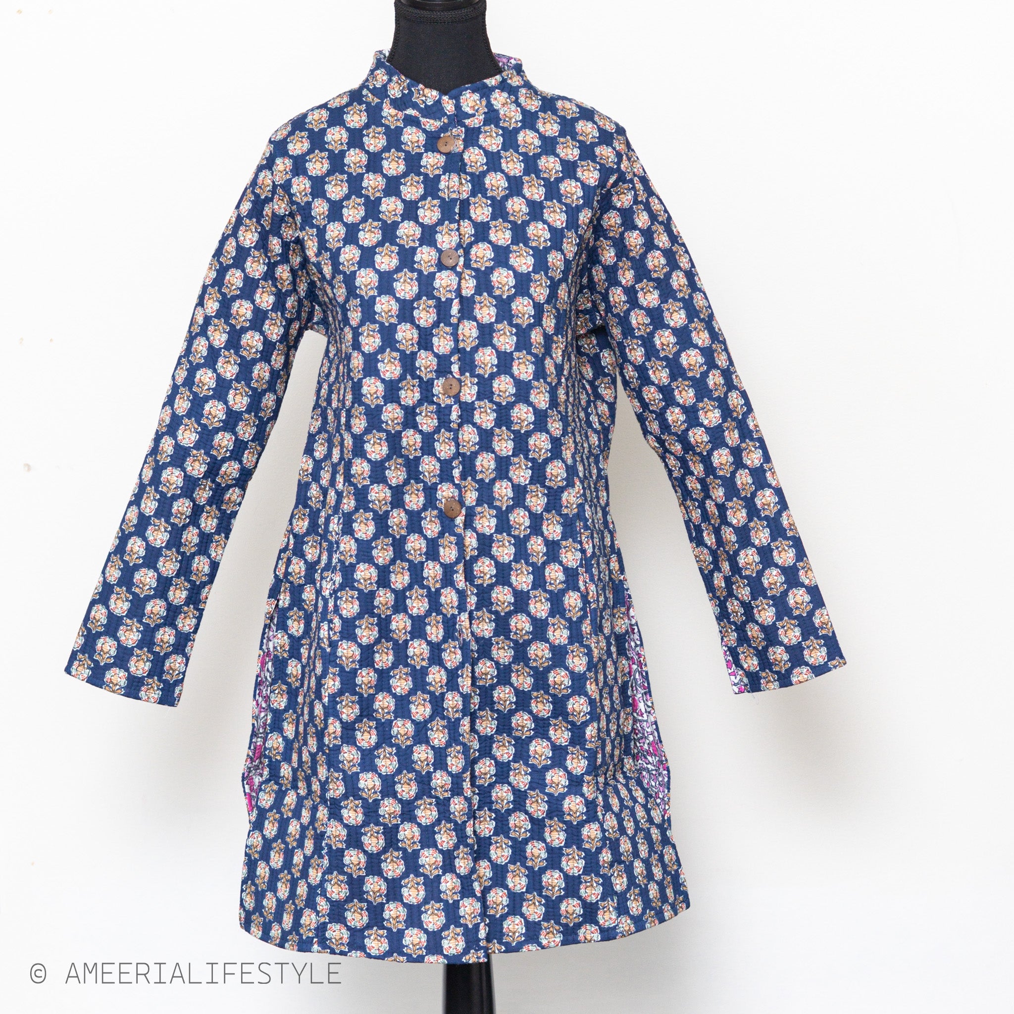 Cotton Quilted Reversible Spring/Fall Jacket - Long - Navy Medallion & Pink Paisley