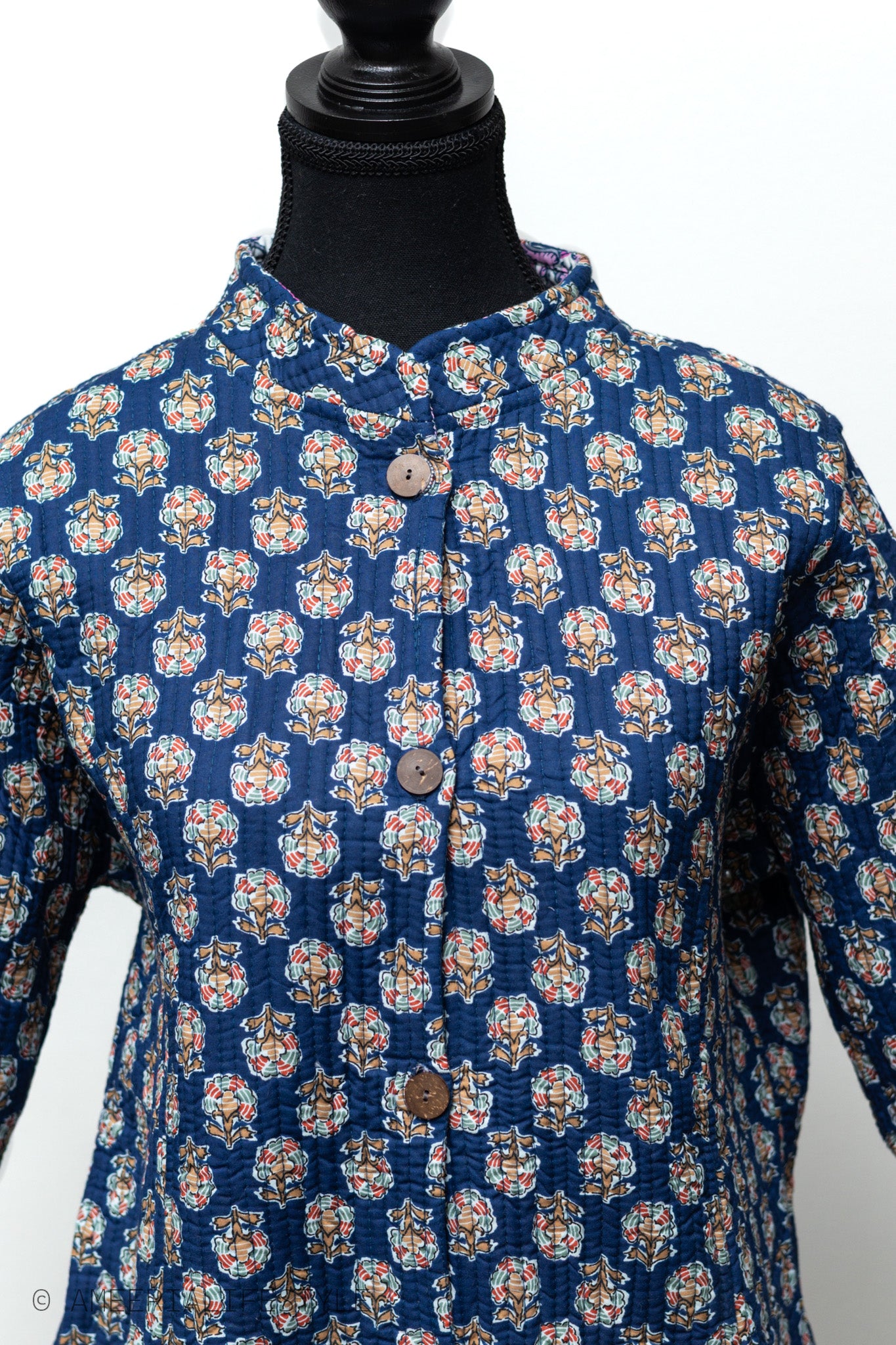 Cotton Quilted Reversible Spring/Fall Jacket - Long - Navy Medallion & Pink Paisley