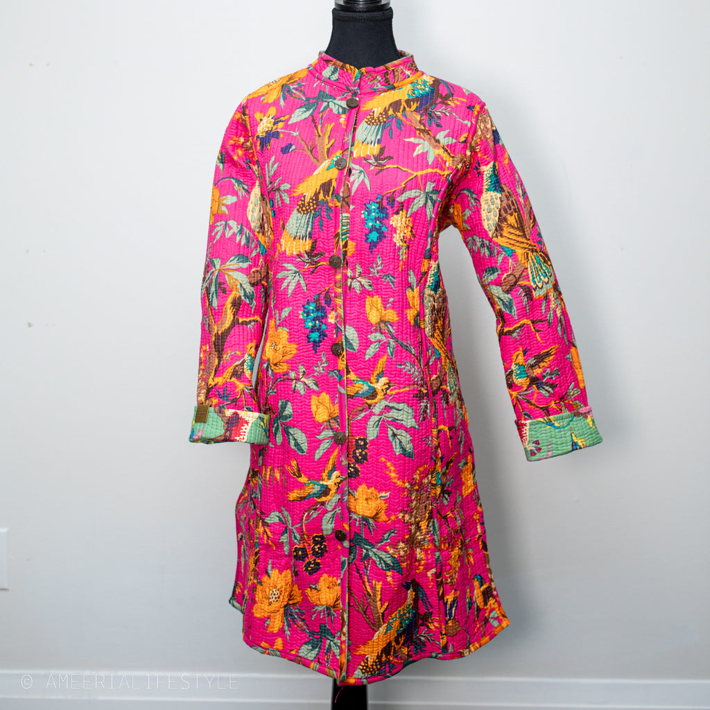 Cotton Quilted Reversible Spring/Fall Jacket - Long - Sage Green & Hot Pink Floral