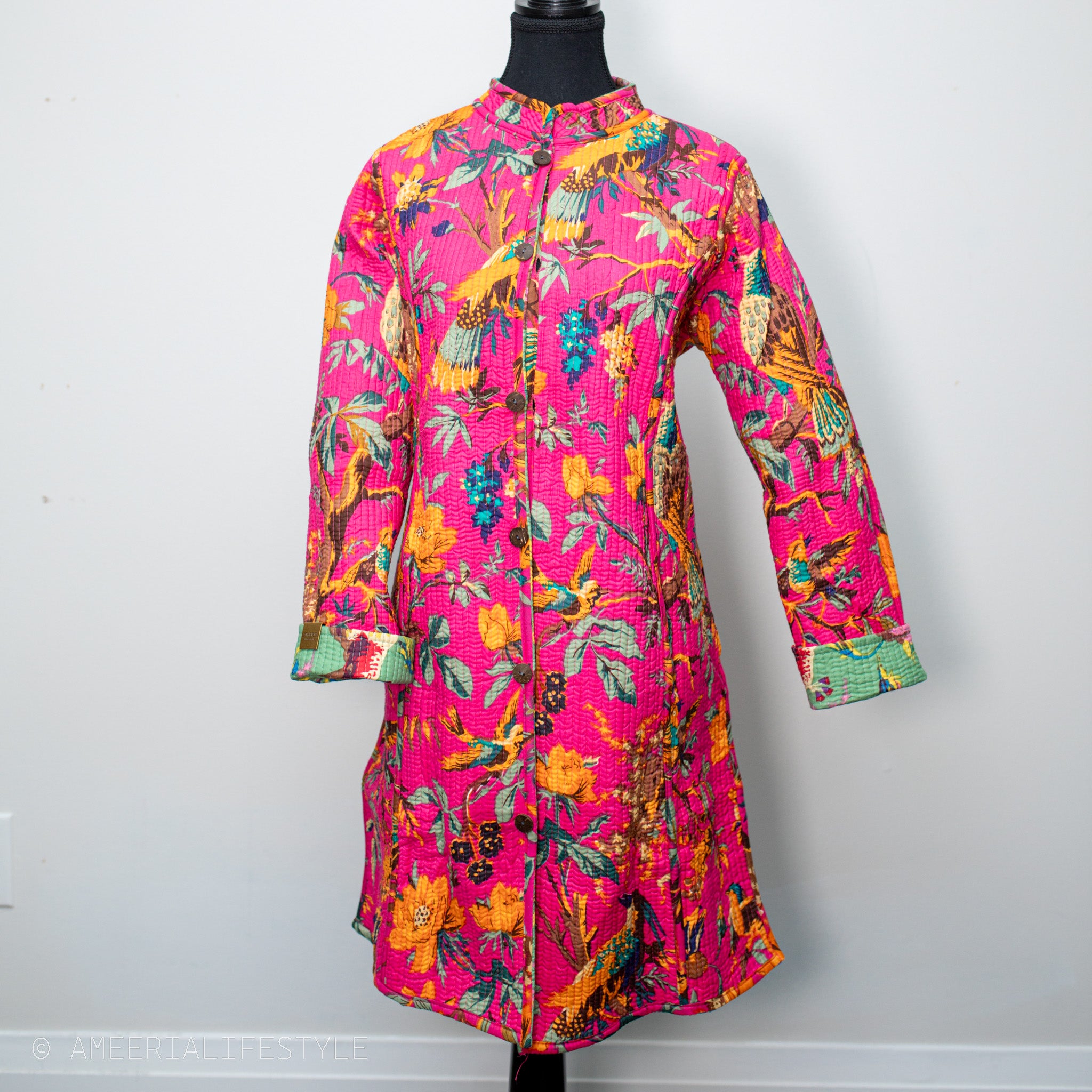 Cotton Quilted Reversible Spring/Fall Jacket - Long - Sage Green & Hot Pink Floral