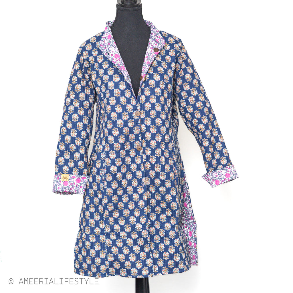 Cotton Quilted Reversible Spring/Fall Jacket - Long - Navy Medallion & Pink Paisley