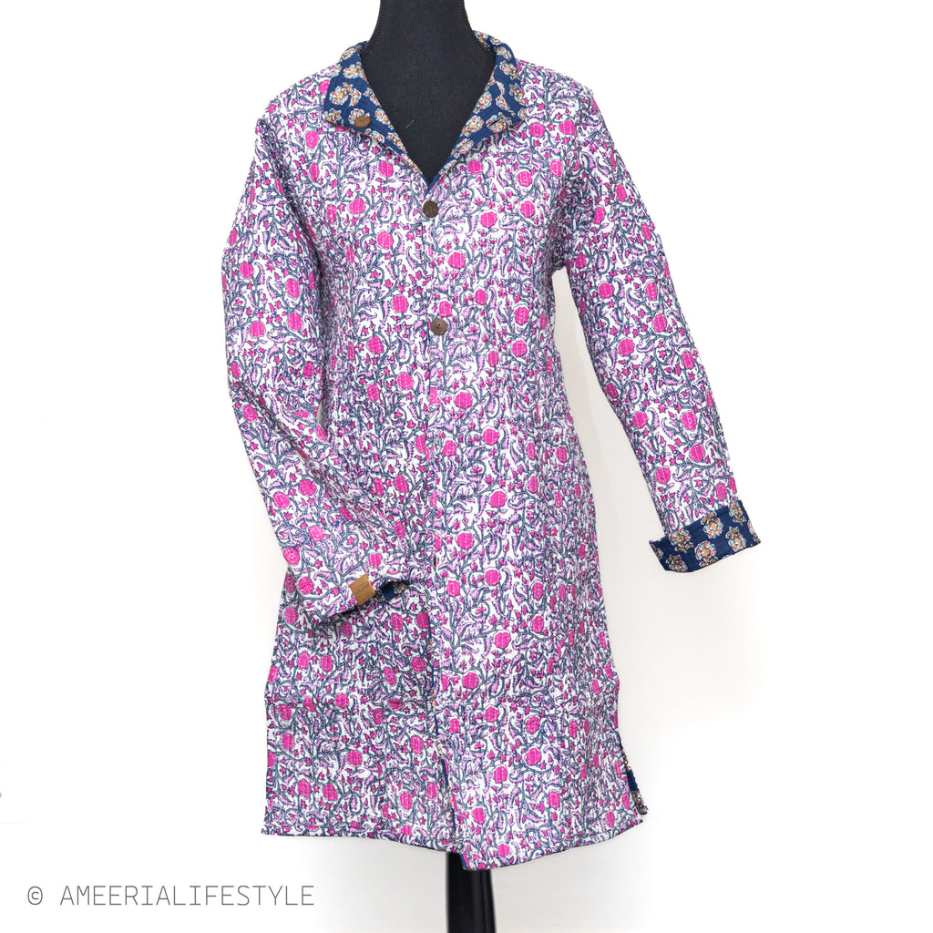 Cotton Quilted Reversible Spring/Fall Jacket - Long - Navy Medallion & Pink Paisley