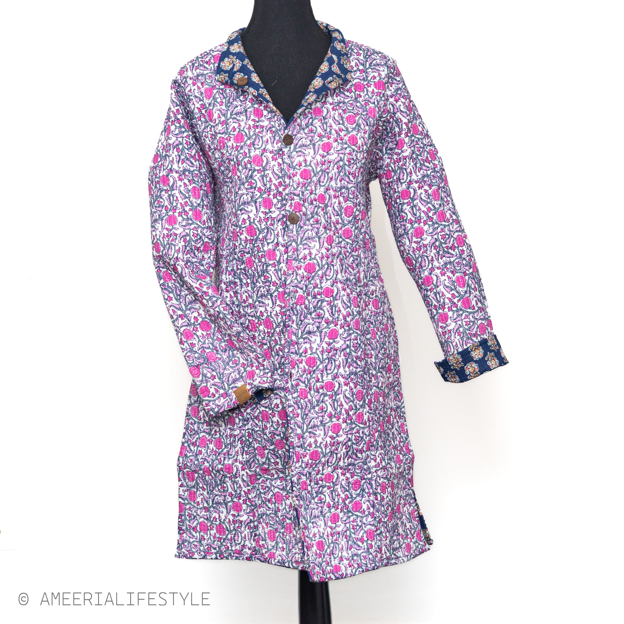 Cotton Quilted Reversible Spring/Fall Jacket - Long - Navy Medallion & Pink Paisley