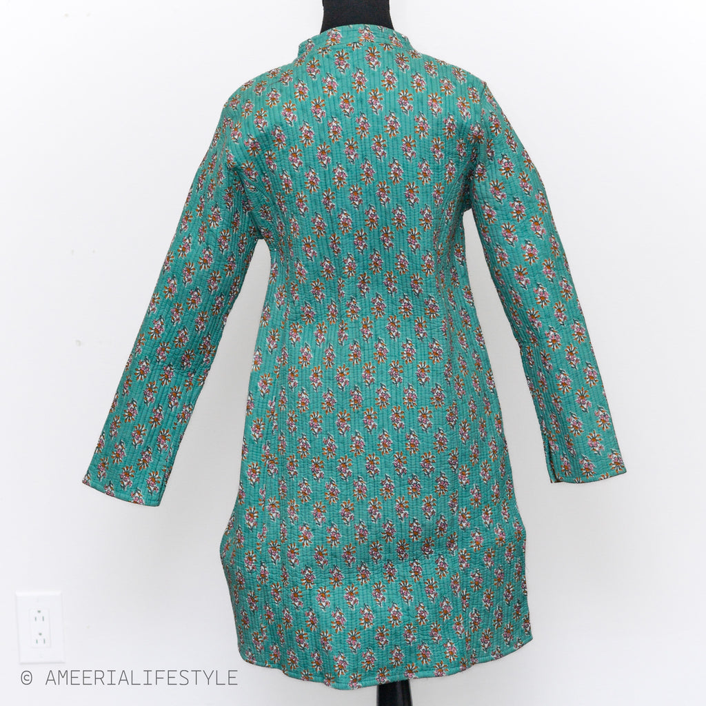 Cotton Quilted Reversible Spring/Fall Jacket - Long - Teal Floral & Orange Medallion