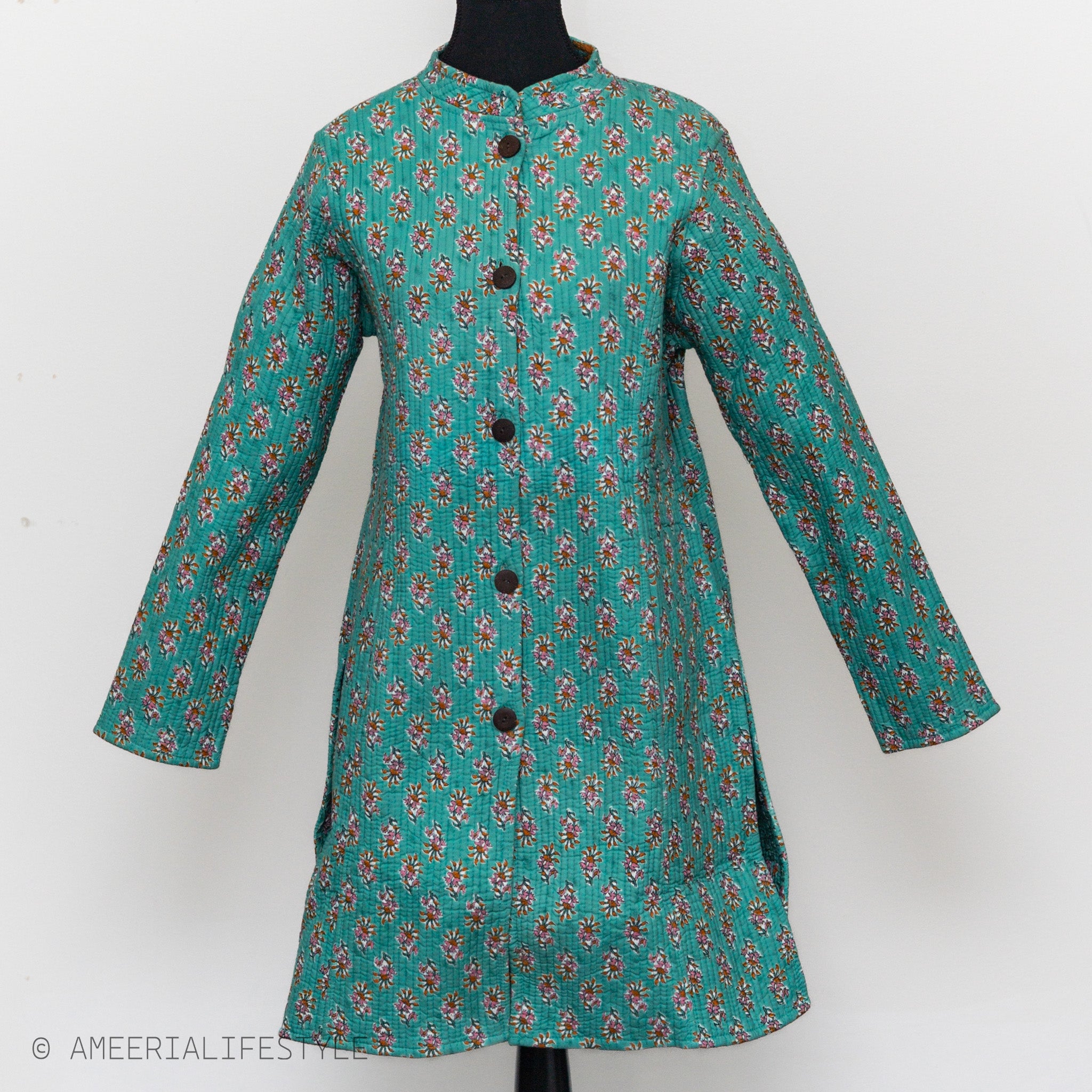 Cotton Quilted Reversible Spring/Fall Jacket - Long - Teal Floral & Orange Medallion