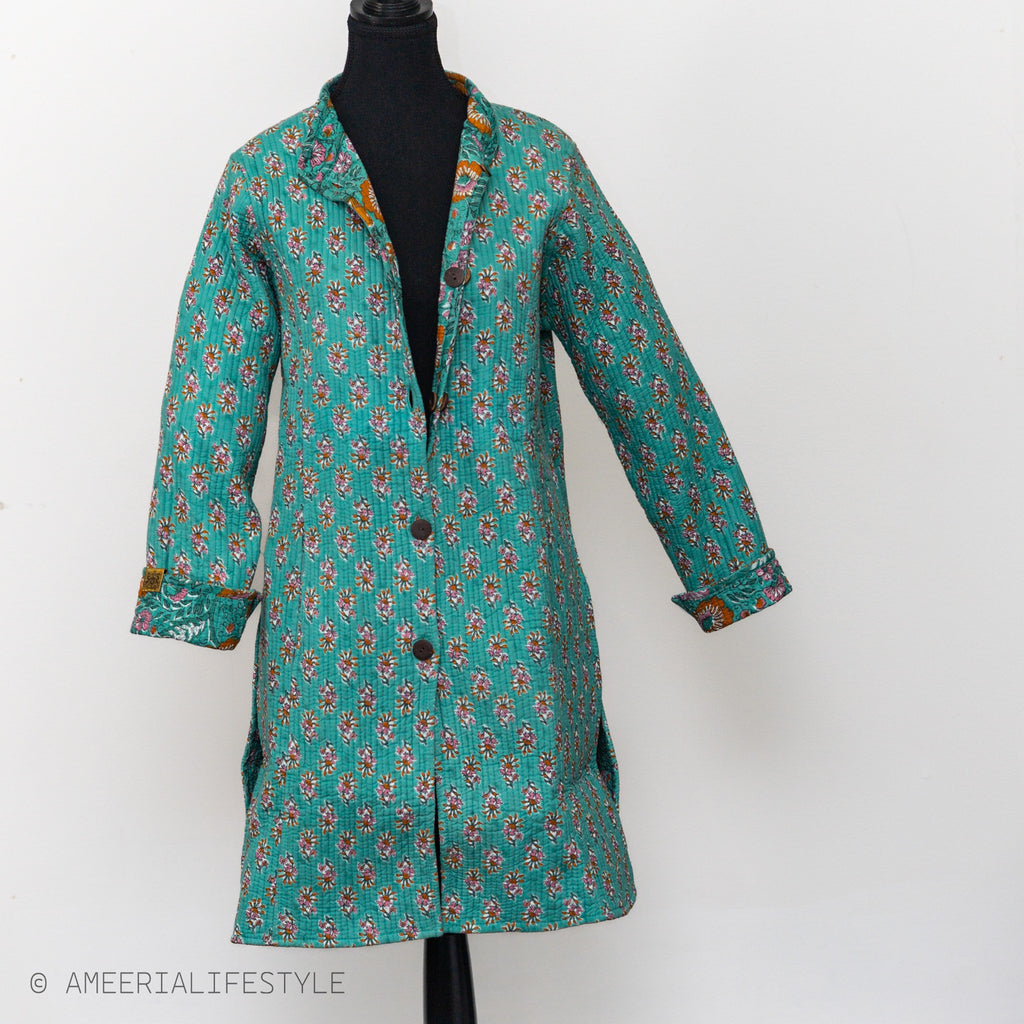 Cotton Quilted Reversible Spring/Fall Jacket - Long - Teal Floral & Orange Medallion