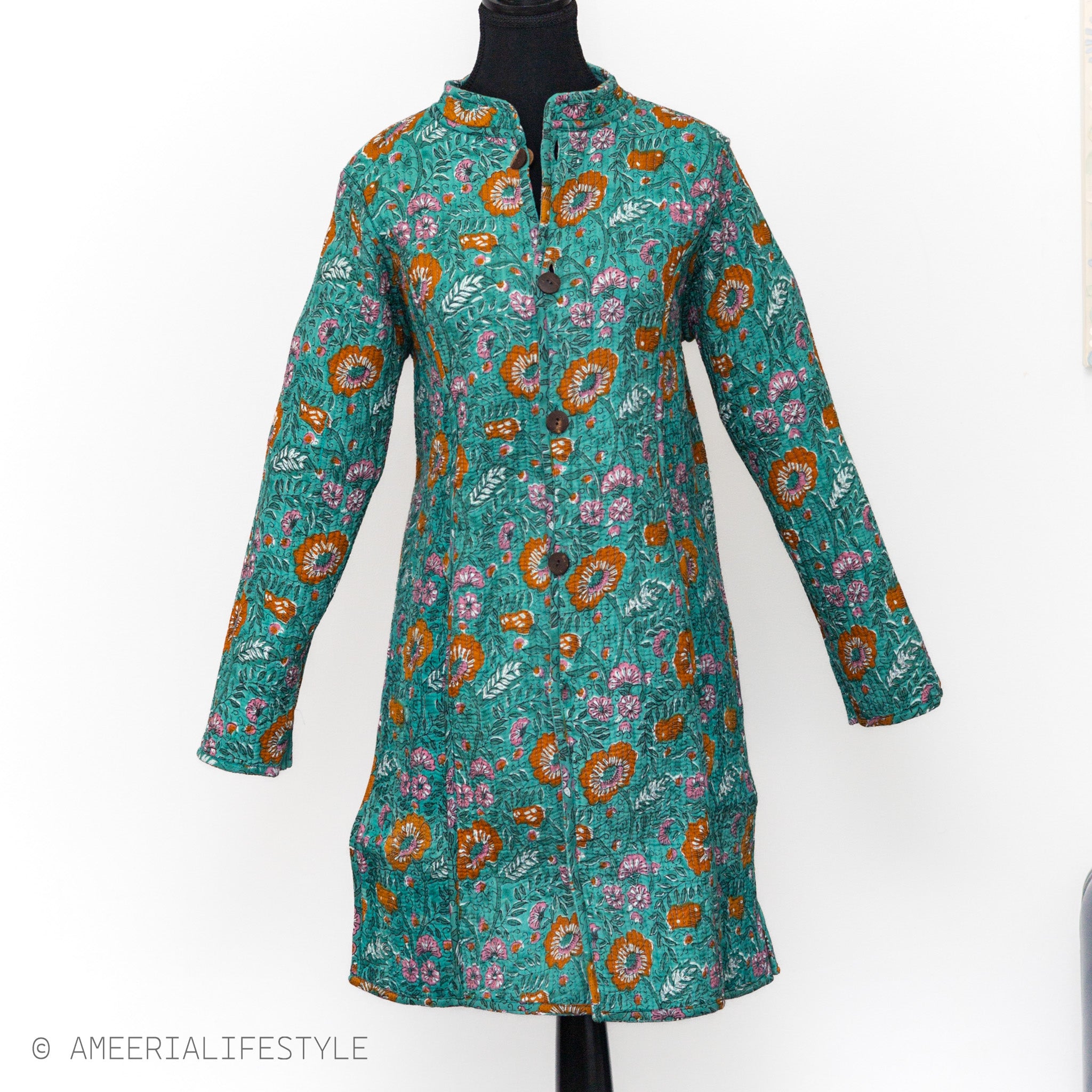 Cotton Quilted Reversible Spring/Fall Jacket - Long - Teal Floral & Orange Medallion