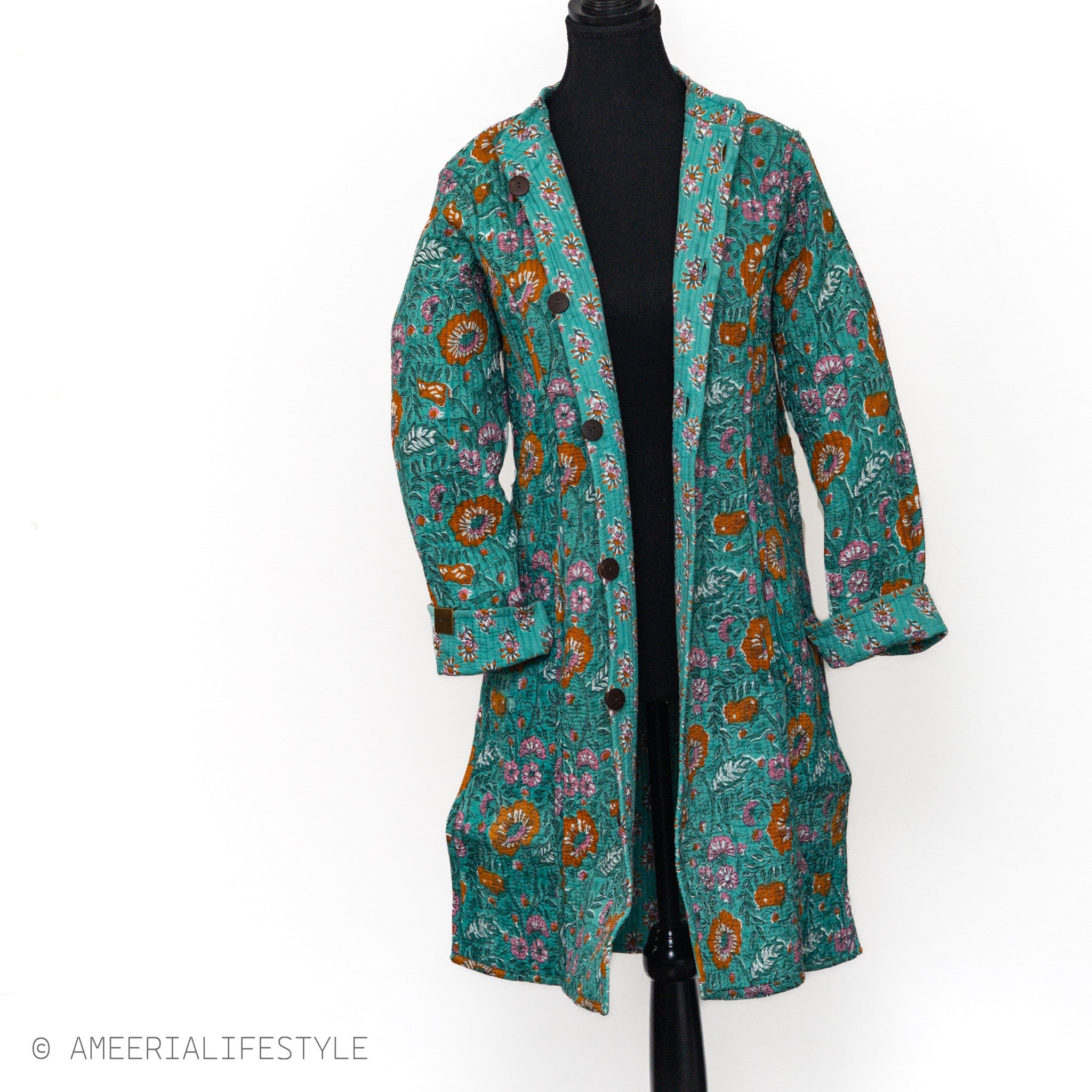 Cotton Quilted Reversible Spring/Fall Jacket - Long - Teal Floral & Orange Medallion