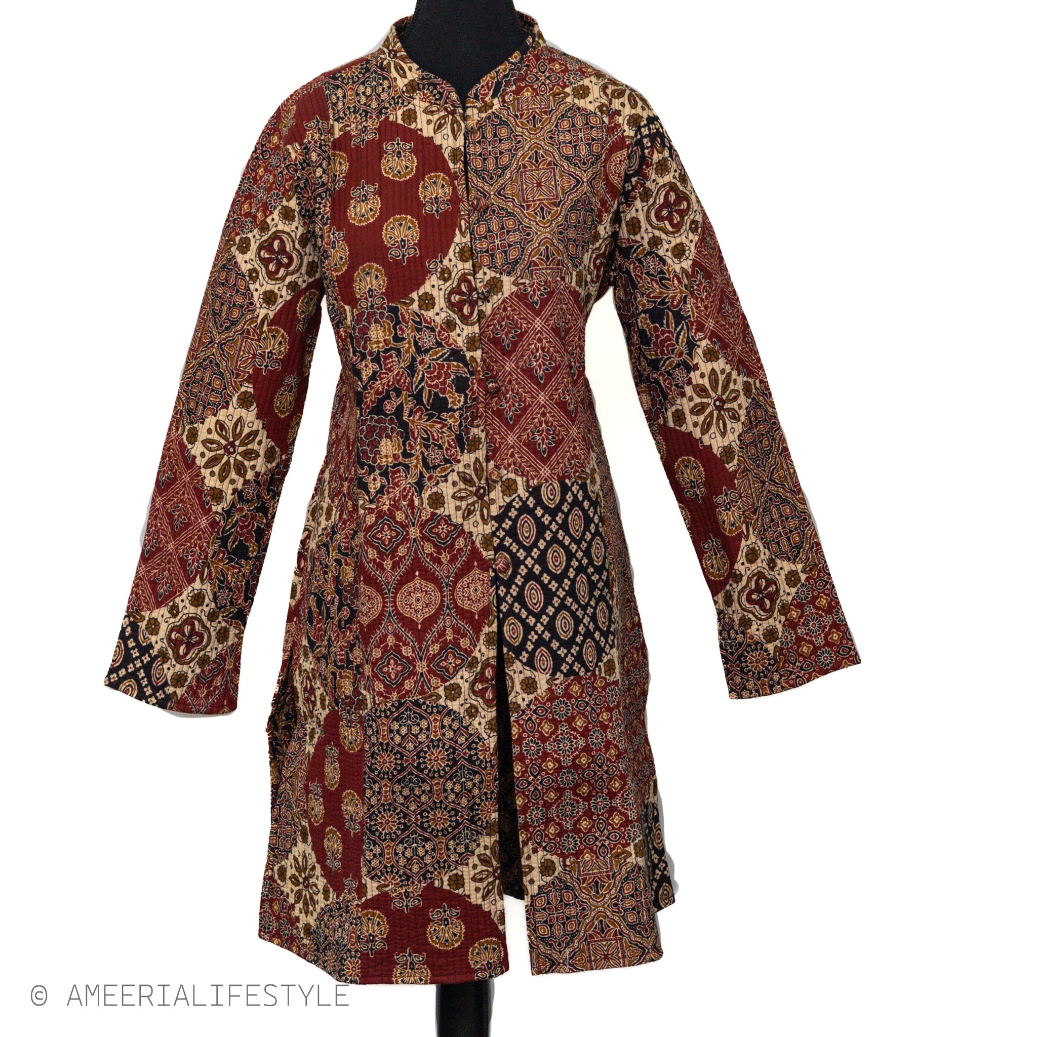 Cotton Quilted Reversible Spring/Fall Jacket - Long - Burgundy Batik Patchwork