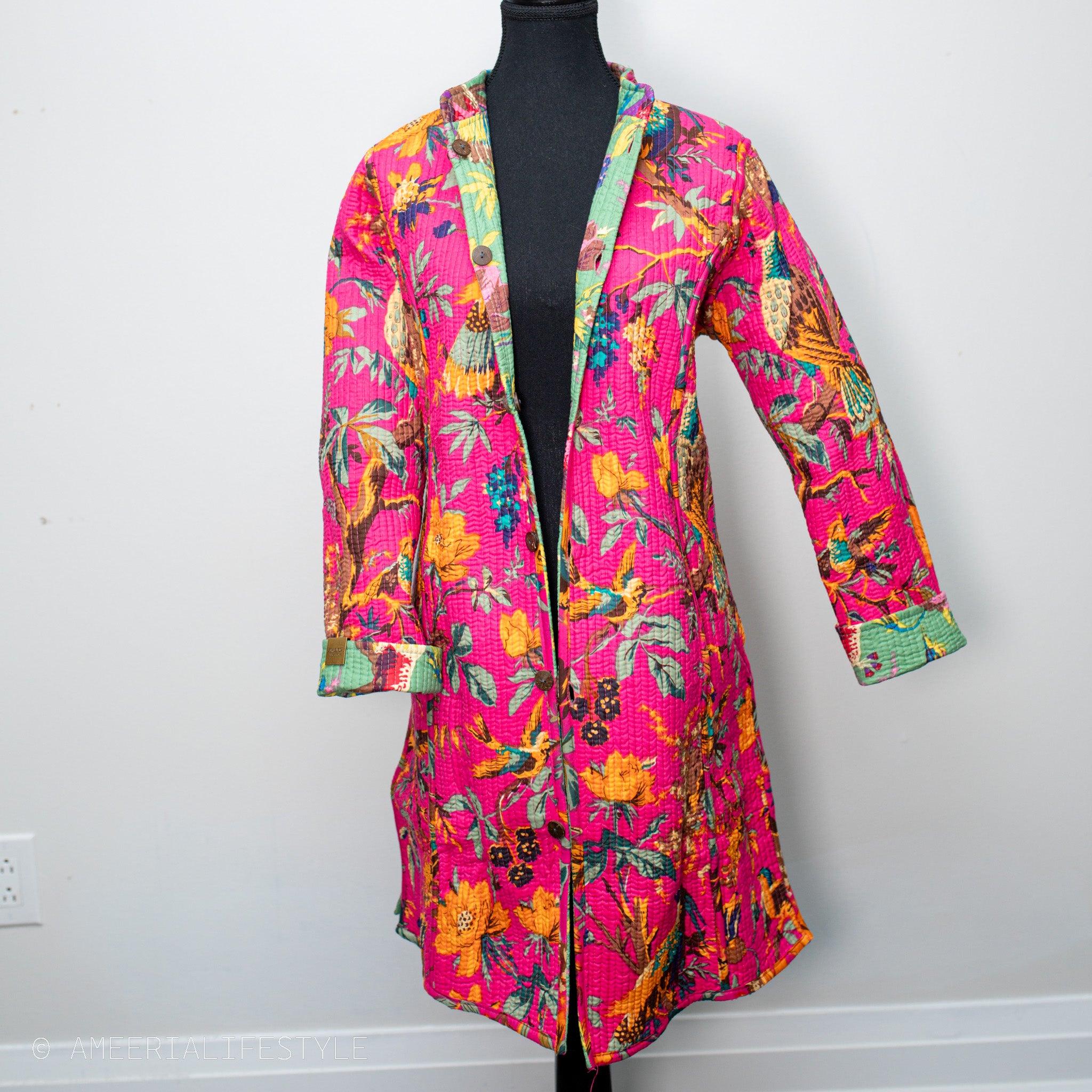 Cotton Quilted Reversible Spring/Fall Jacket - Long - Sage Green & Hot Pink Floral
