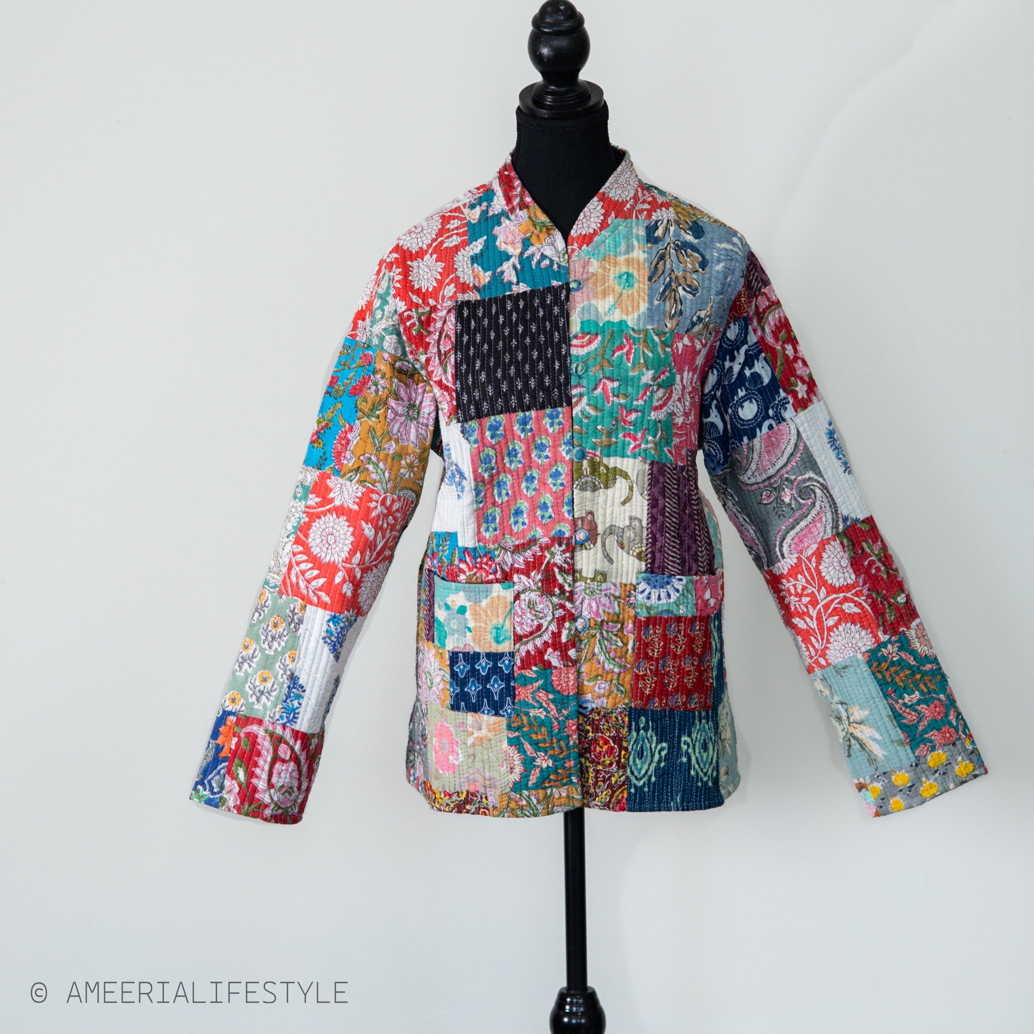 Cotton Quilted Reversible Spring/Fall Jacket - Short/Mid - Multicolor Patchwork & Navy Floral