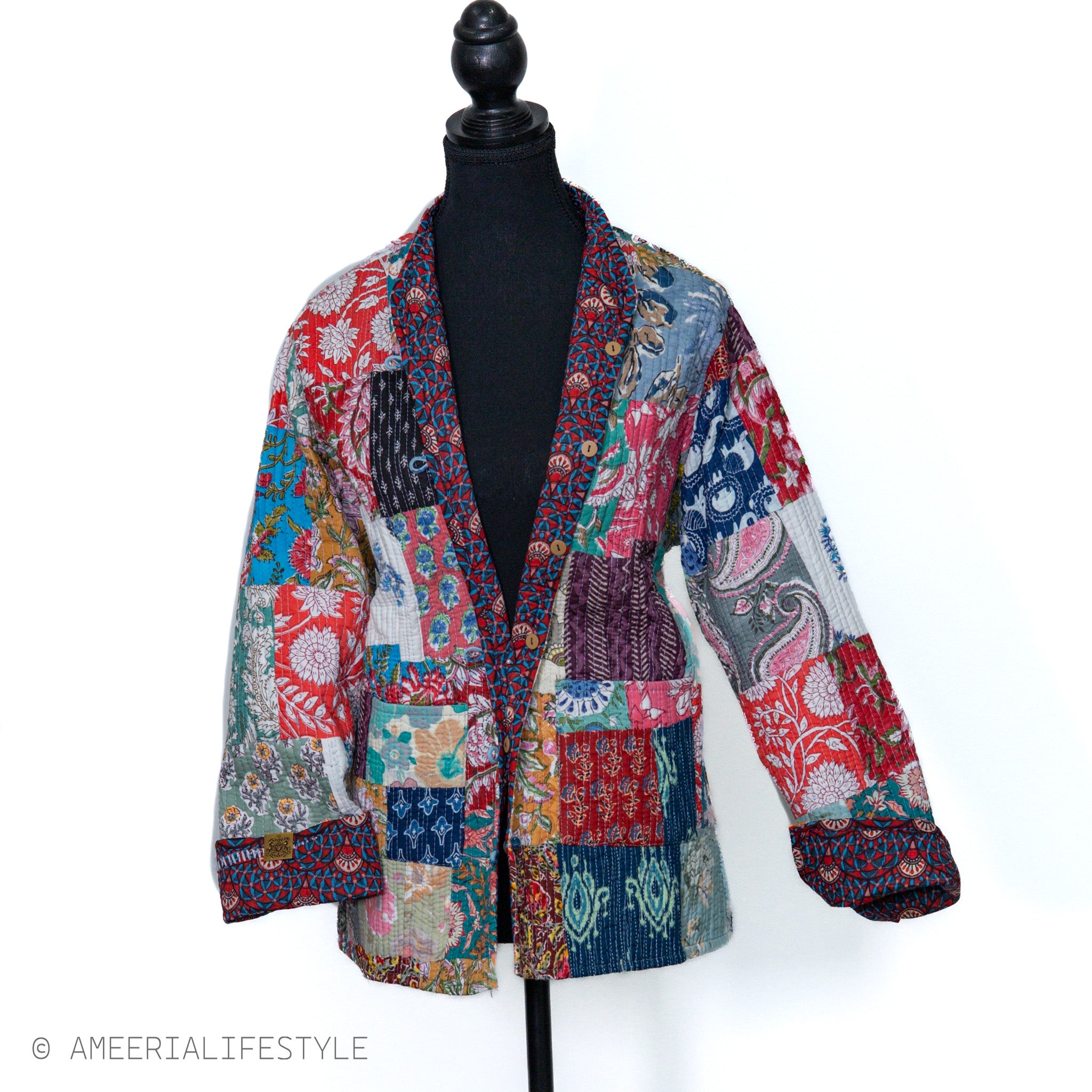 Cotton Quilted Reversible Spring/Fall Jacket - Short/Mid - Multicolor Patchwork & Navy Floral