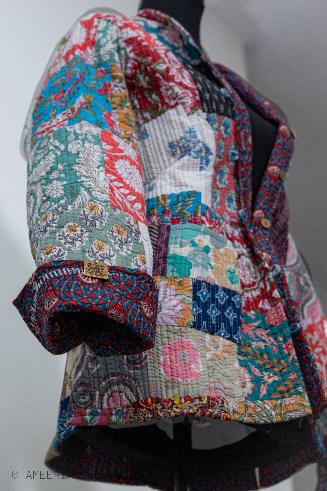Cotton Quilted Reversible Spring/Fall Jacket - Short/Mid - Multicolor Patchwork & Navy Floral
